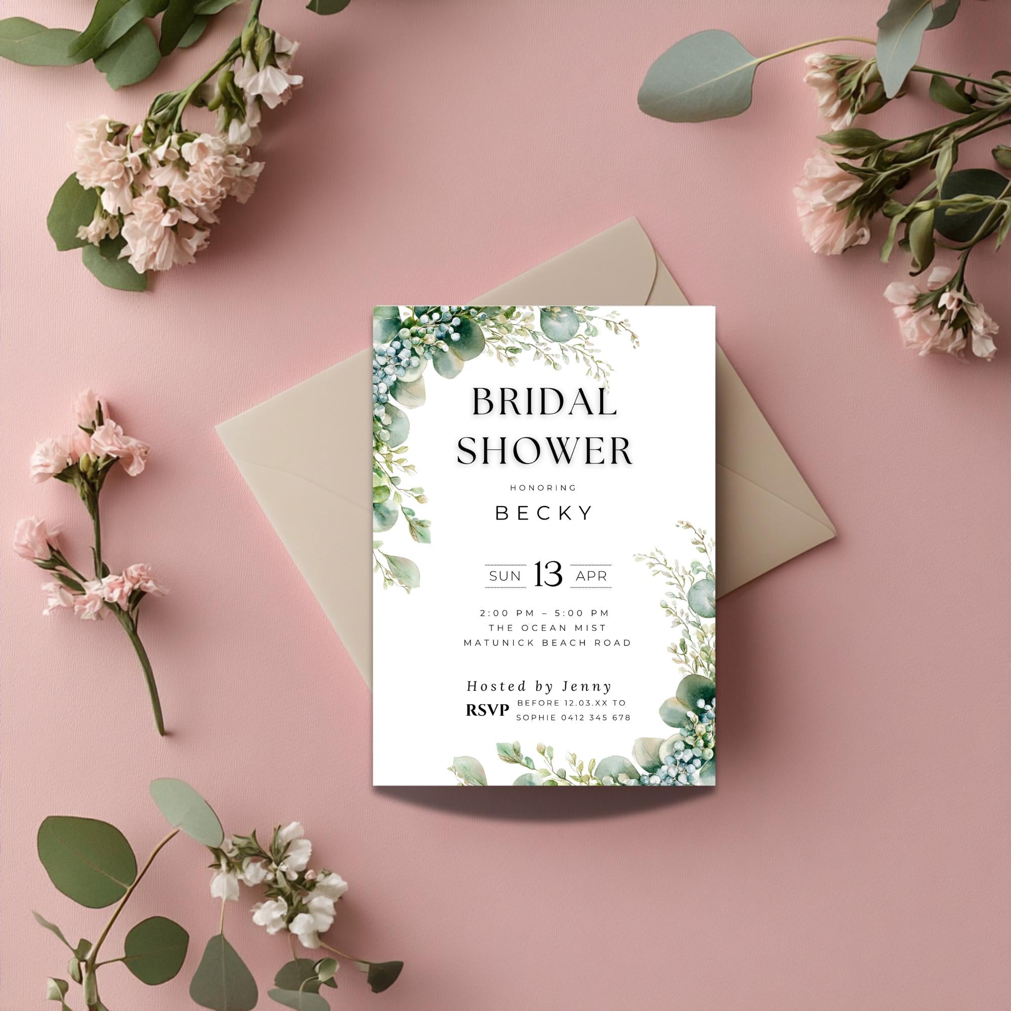 Eucalyptus Bridal Shower Invitation Template: Greenery Canva Invite (Digital Download)