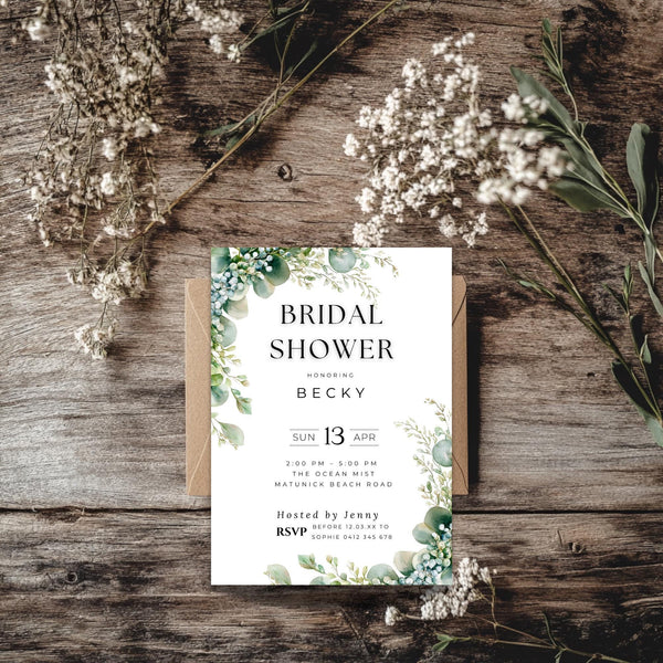 Eucalyptus Bridal Shower Invitation Template: Greenery Canva Invite (Digital Download)