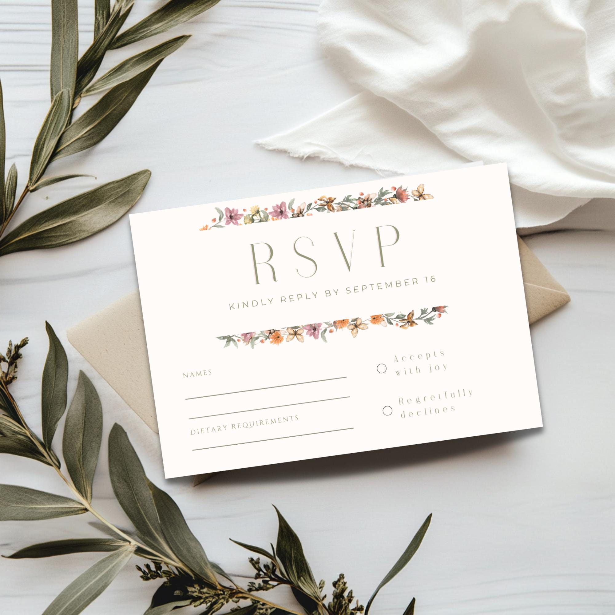 Wildflower Wedding RSVP Card Template - Canva Editable, Instant Download - Fall Wedding Theme
