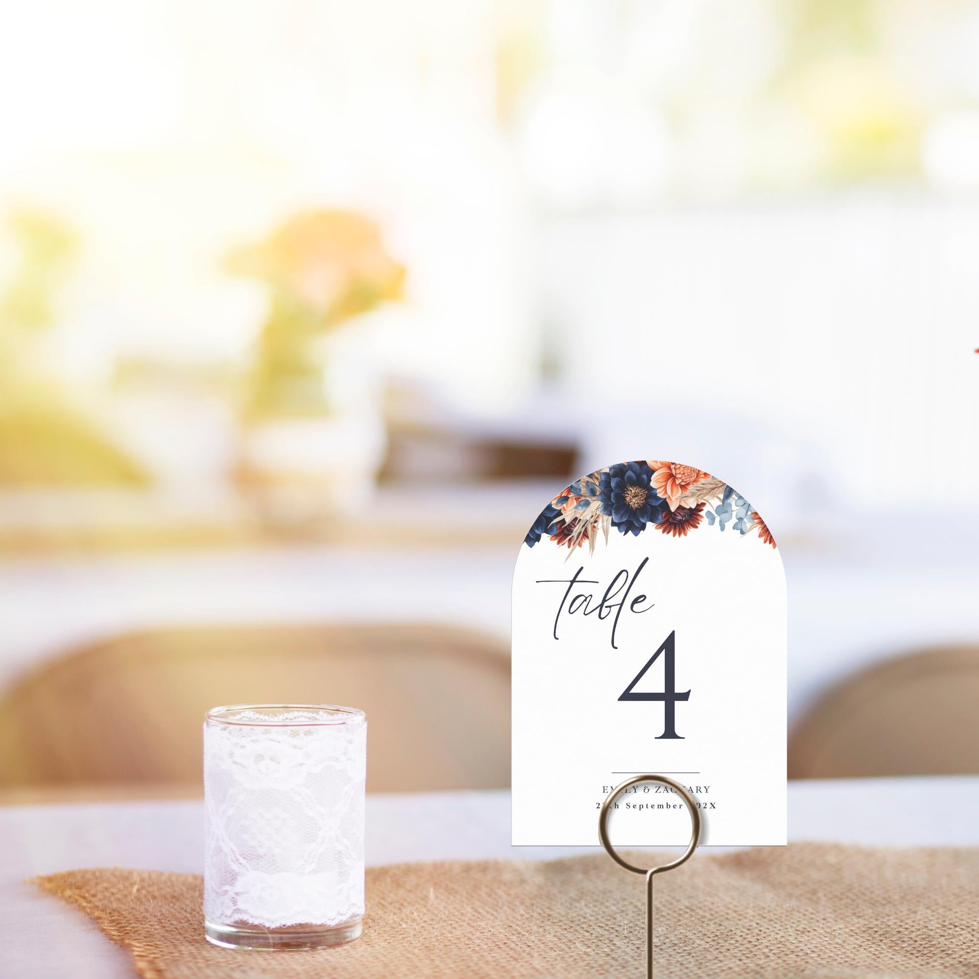 Terracotta & Navy Floral Table Number Sign: Elegant Fall Wedding Decor (Canva Template, Digital Download)