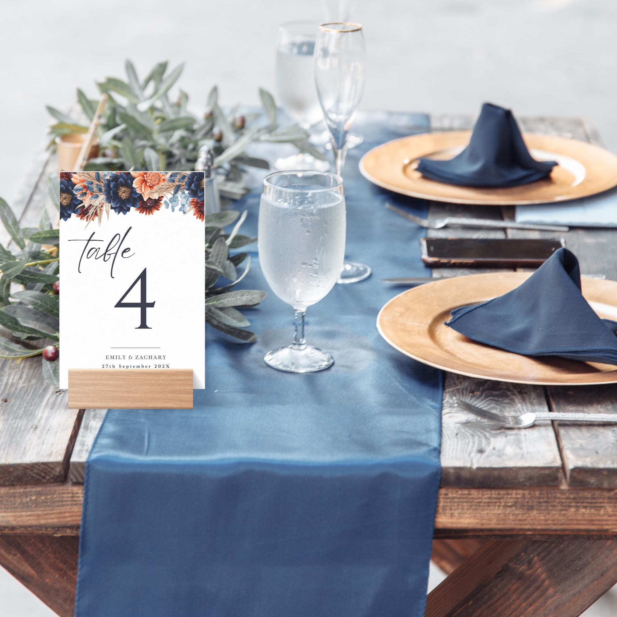Terracotta & Navy Floral Table Number Sign: Elegant Fall Wedding Decor (Canva Template, Digital Download)