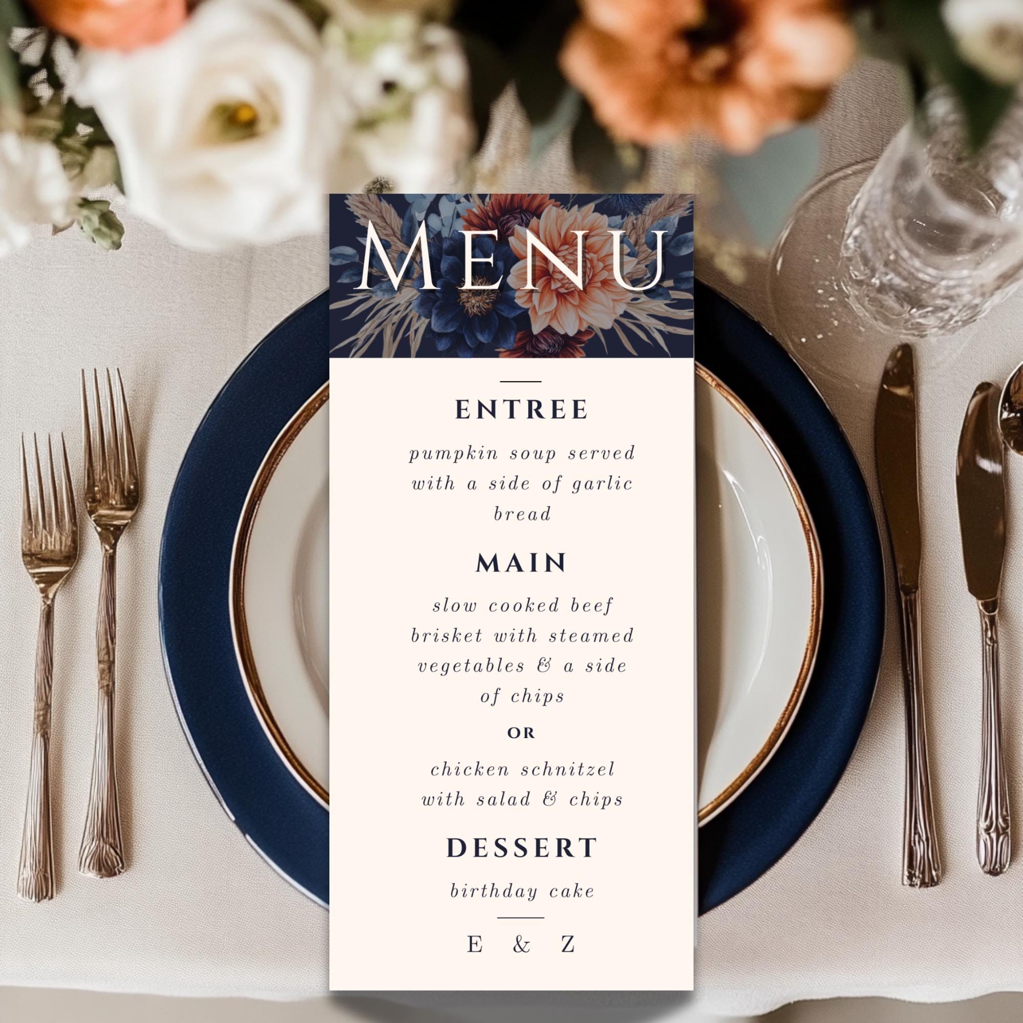 Fall Floral Wedding Menu Template - Navy Blue, Burnt Orange - Editable Canva Design - Instant Download