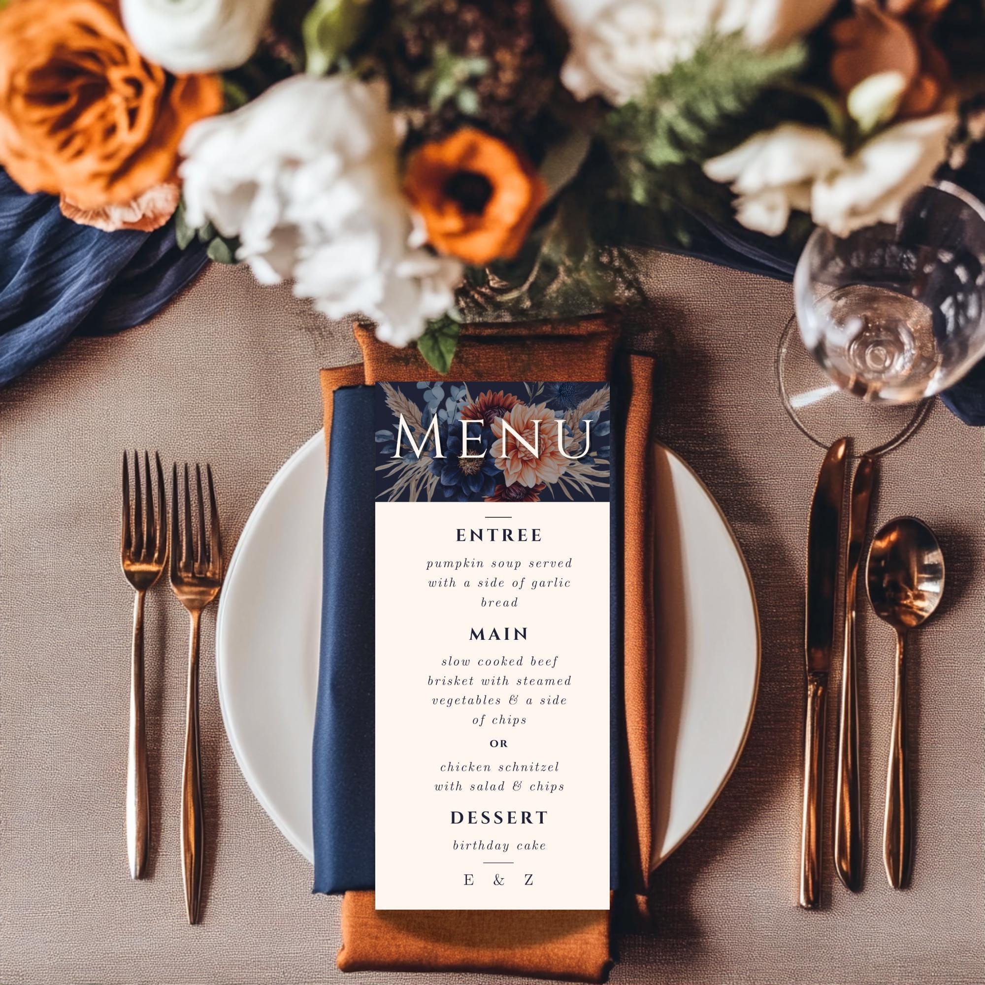 Fall Floral Wedding Menu Template - Navy Blue, Burnt Orange - Editable Canva Design - Instant Download