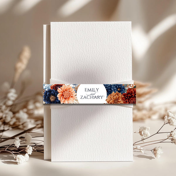 Burnt Orange & Navy Floral Wedding Invitation Belly Band (Editable Template, Printable Wrap Band)