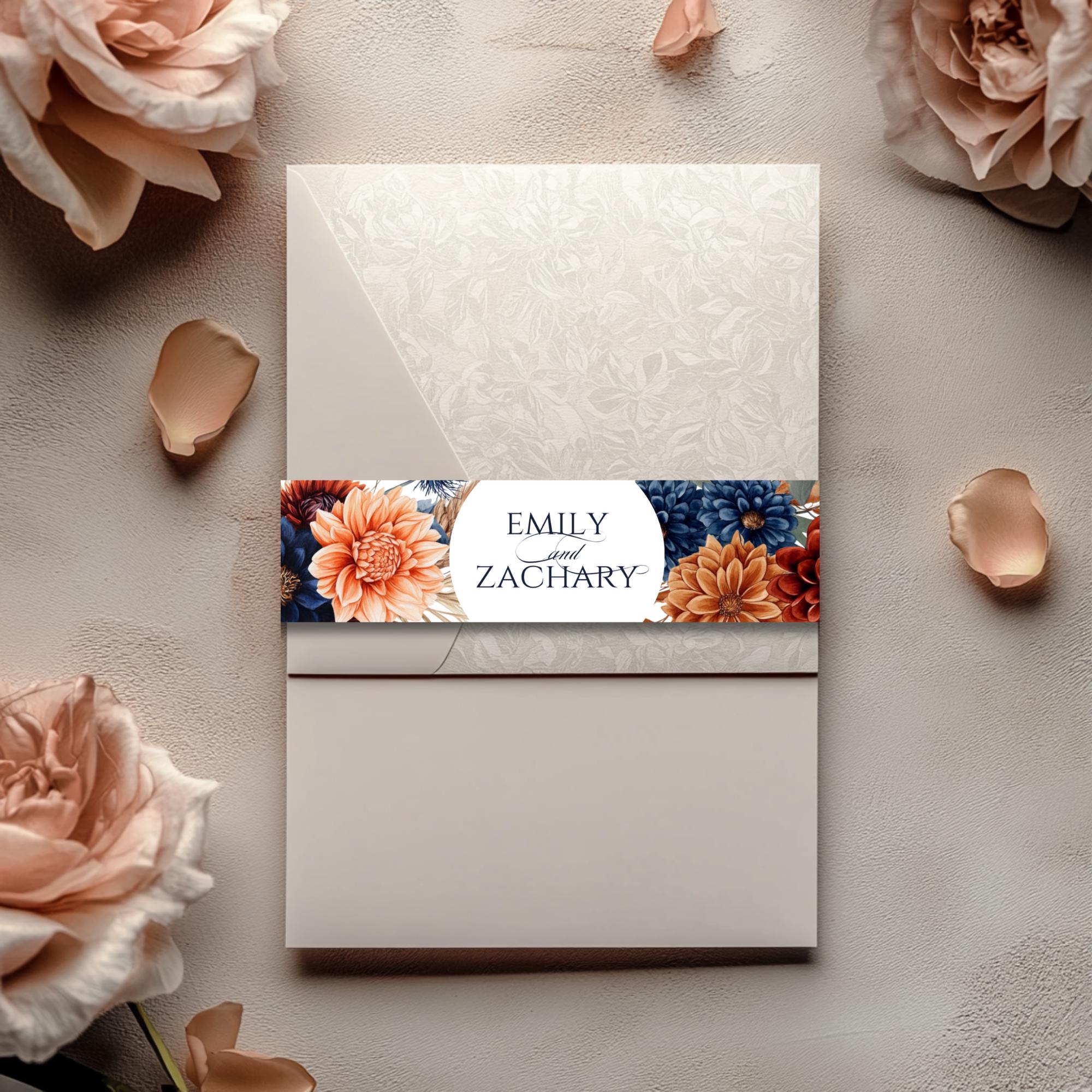 Burnt Orange & Navy Floral Wedding Invitation Belly Band (Editable Template, Printable Wrap Band)
