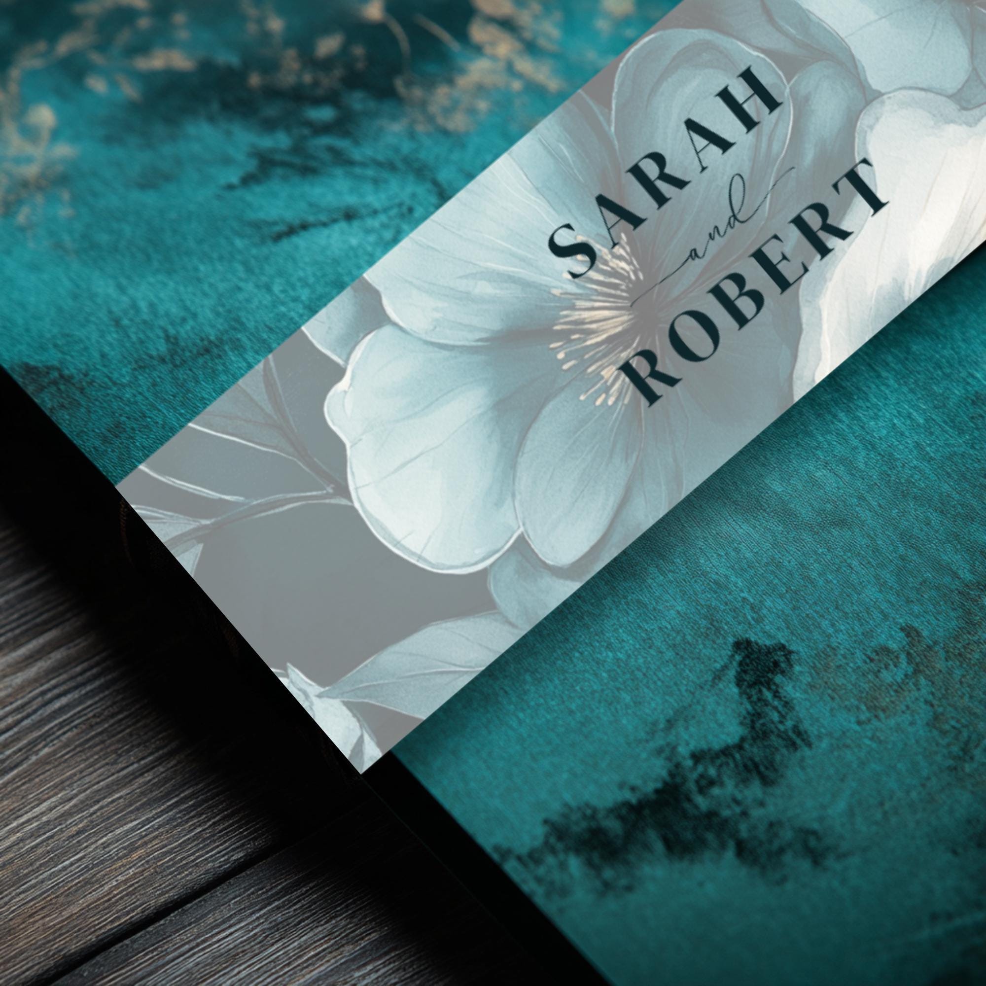 Moody Teal Floral Wedding Belly Band: Elegant Invitation Wrap (Printable Template, Digital Download)