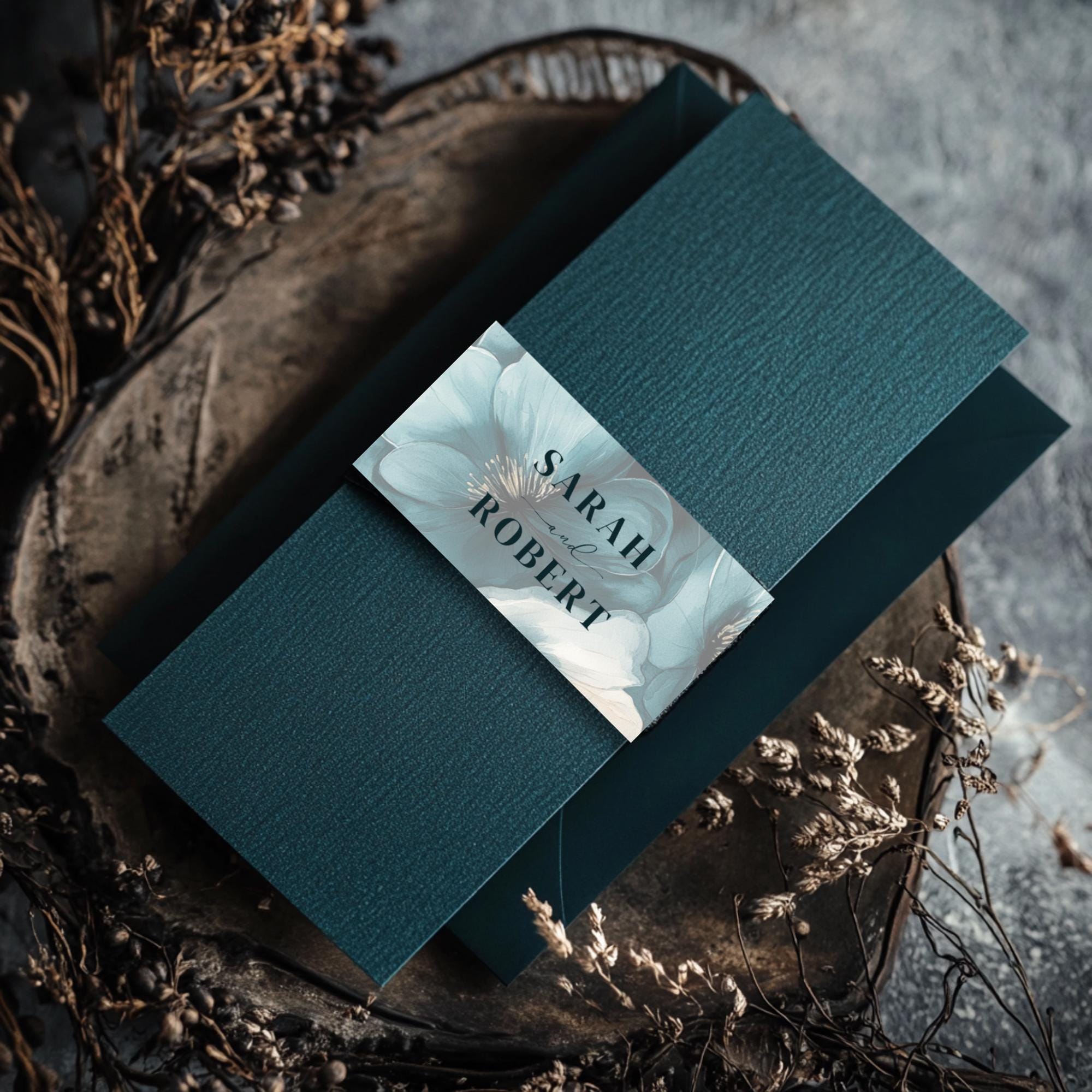 Moody Teal Floral Wedding Belly Band: Elegant Invitation Wrap (Printable Template, Digital Download)
