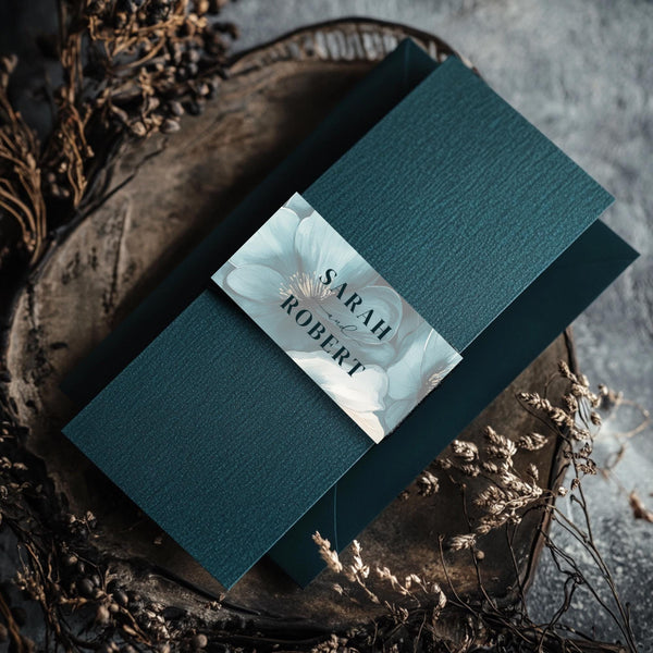 Moody Teal Floral Wedding Belly Band: Elegant Invitation Wrap (Printable Template, Digital Download)