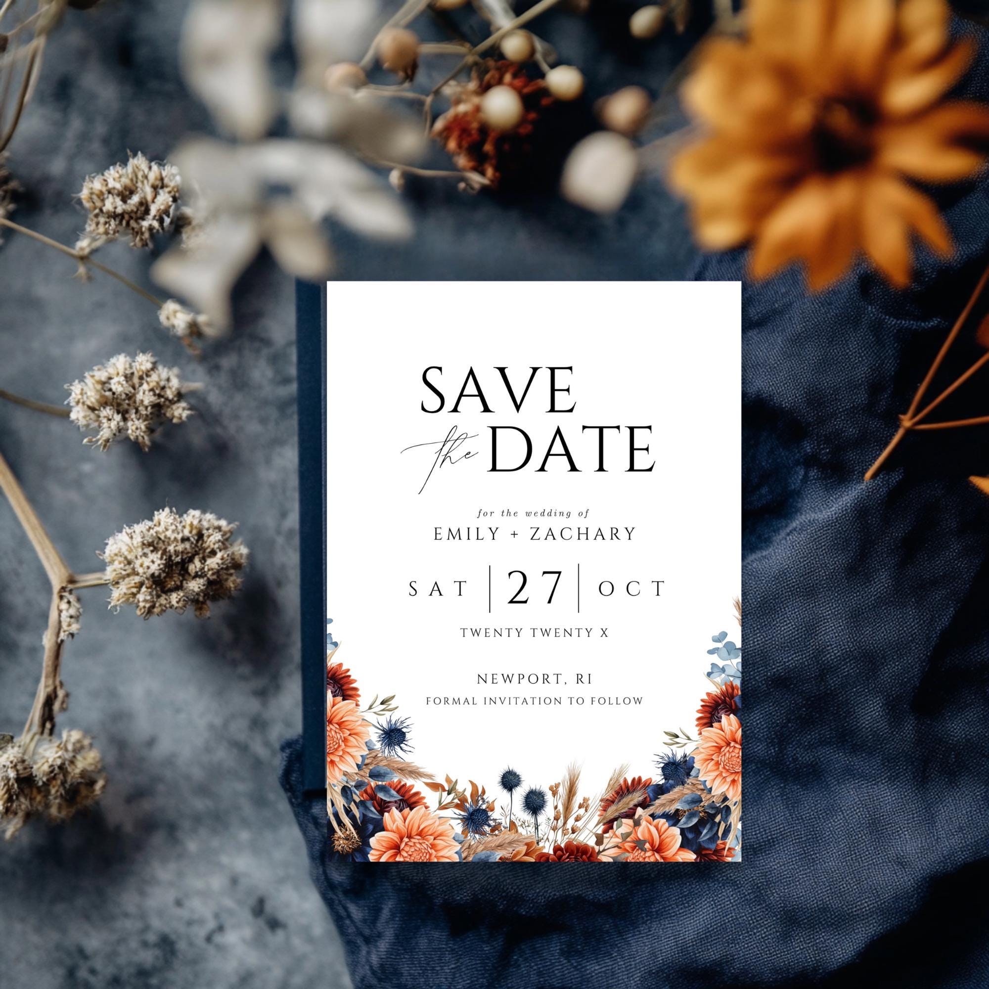 Fall Floral Save the Date Template: Boho Rust & Navy (Instant Download)