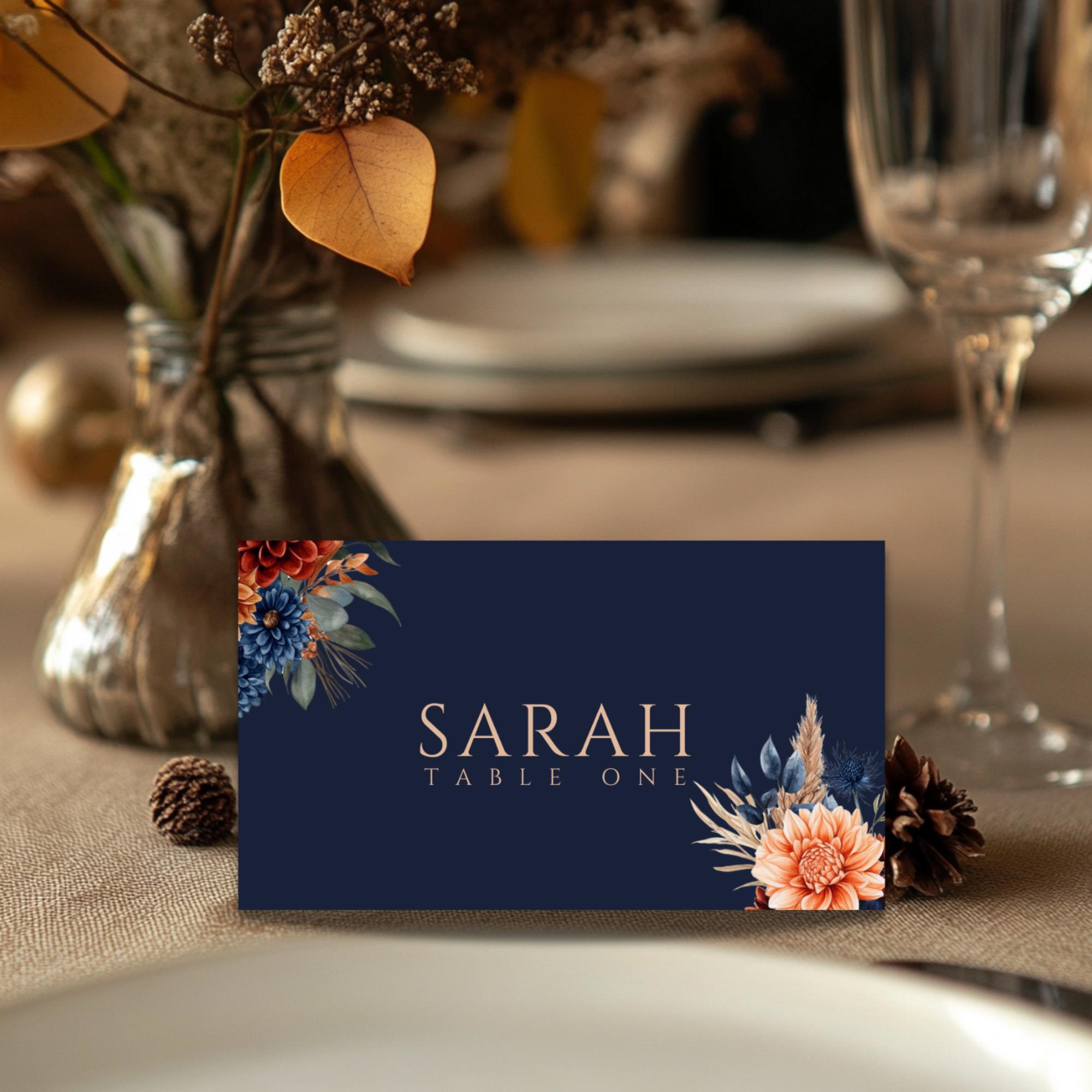 Fall Flower Navy & Terracotta Wedding Place Cards –Editable Folded Name Cards – Fall Table Setting – Instant Download – Canva Template