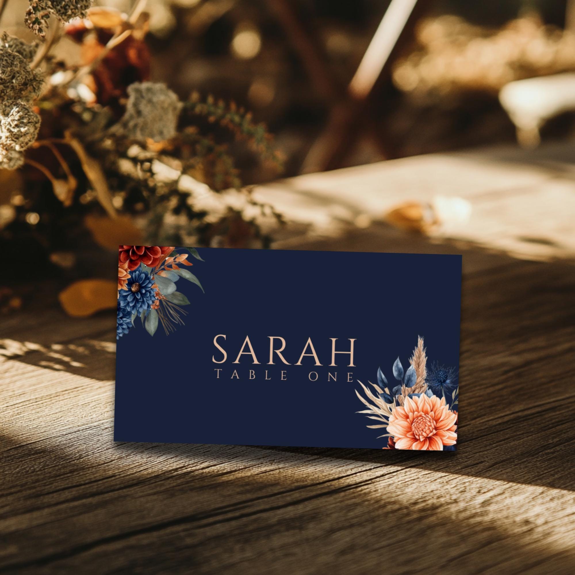 Fall Flower Navy & Terracotta Wedding Place Cards –Editable Folded Name Cards – Fall Table Setting – Instant Download – Canva Template