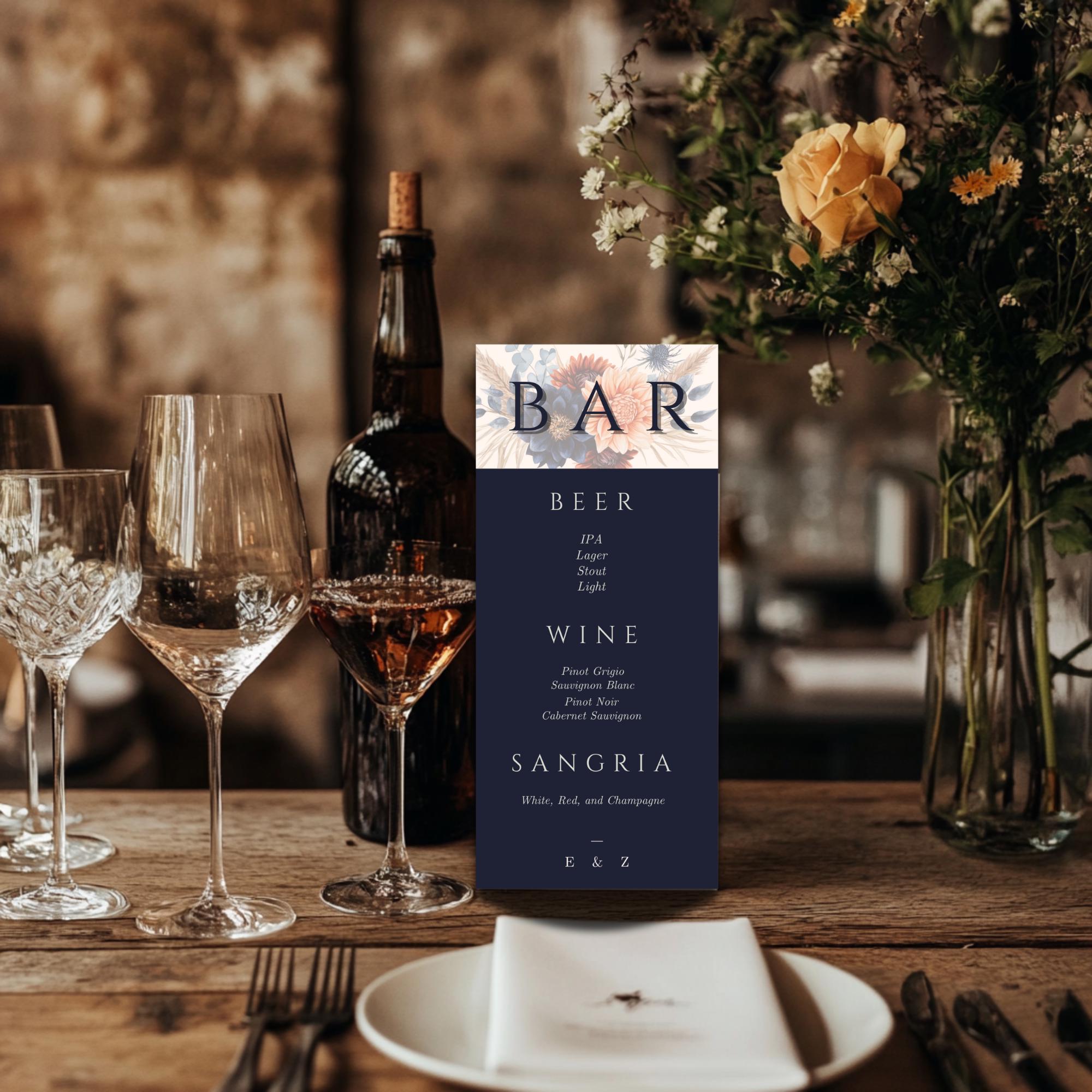 Navy Floral Wedding Bar Menu Template: Editable Printable Sign (Instant Download, 4x9")