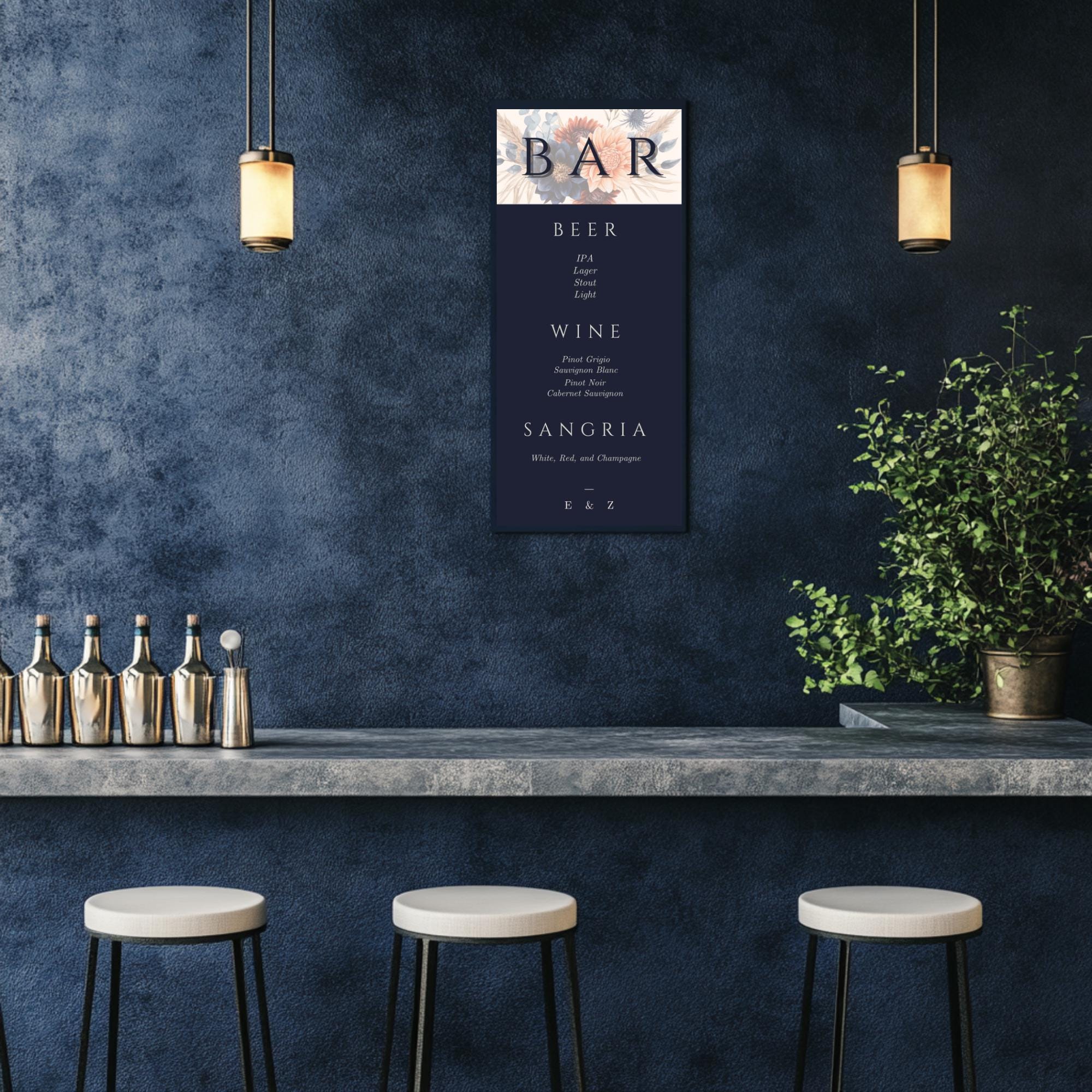 Navy Floral Wedding Bar Menu Template: Editable Printable Sign (Instant Download, 4x9")