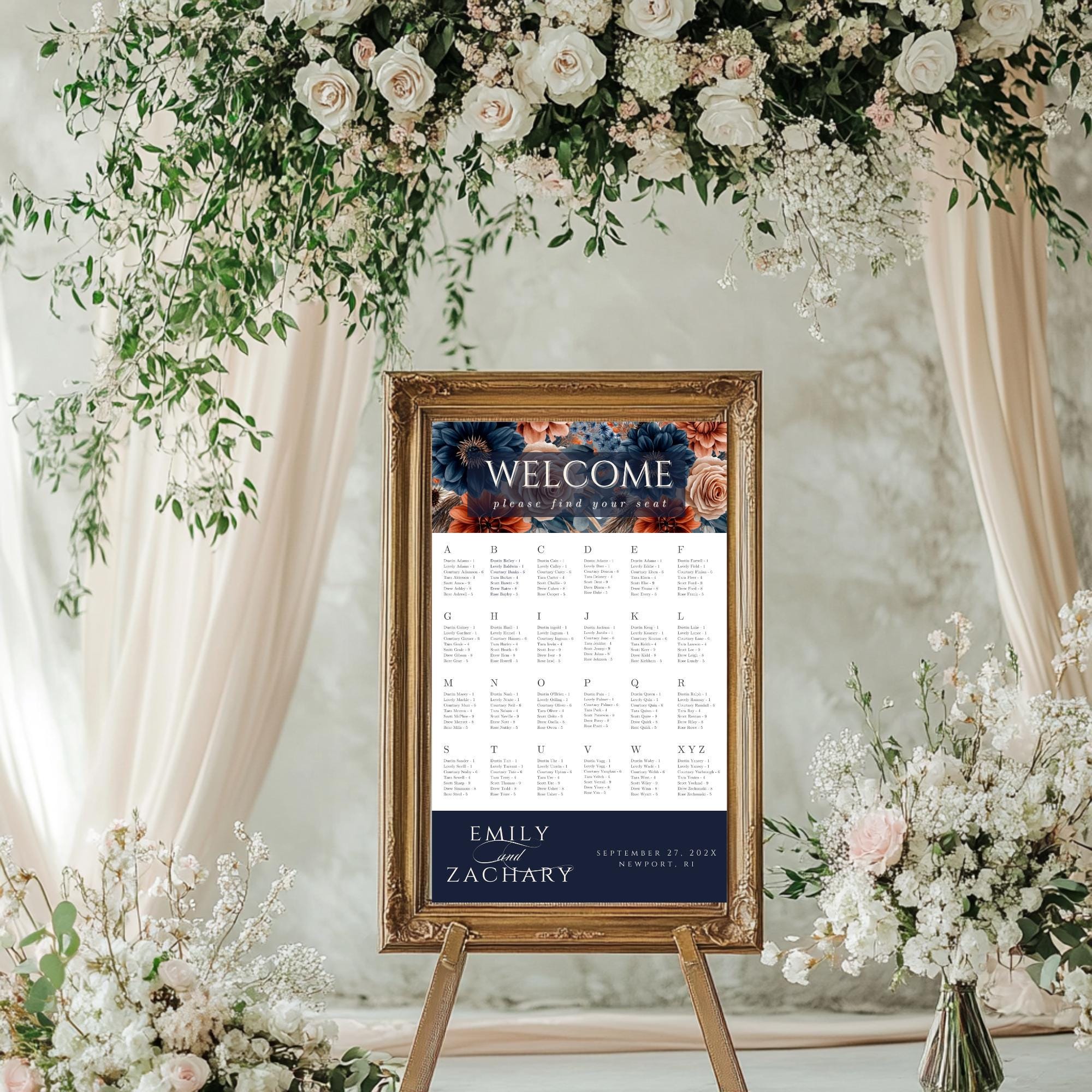 Fall Flowers Navy and Orange Wedding Seating Chart Template - Alphabetical Guest List (Canva Editable, 24x36") - DIY Bride
