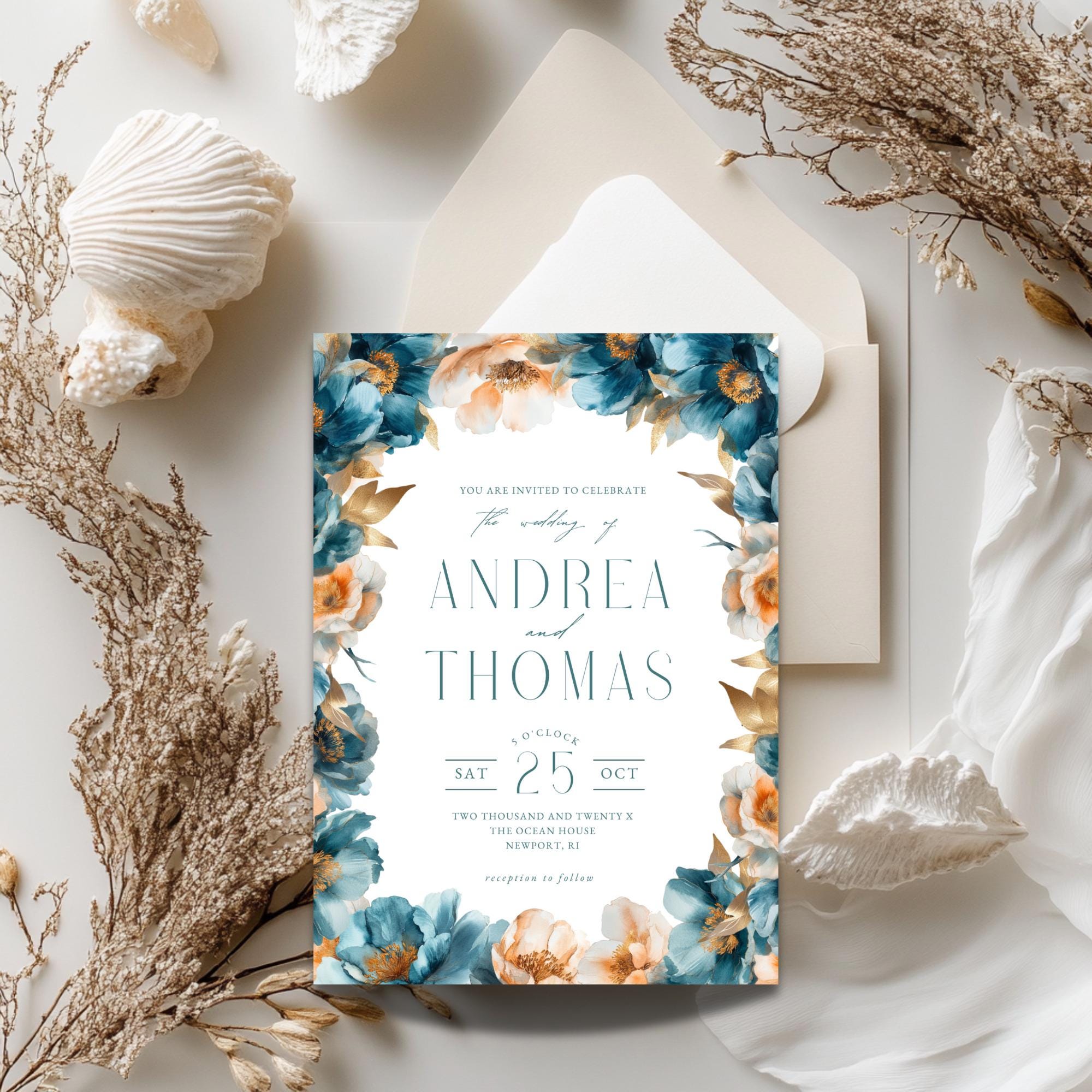 Teal and Peach Floral Wedding Invitation Template: Editable Canva Design (Instant Download)