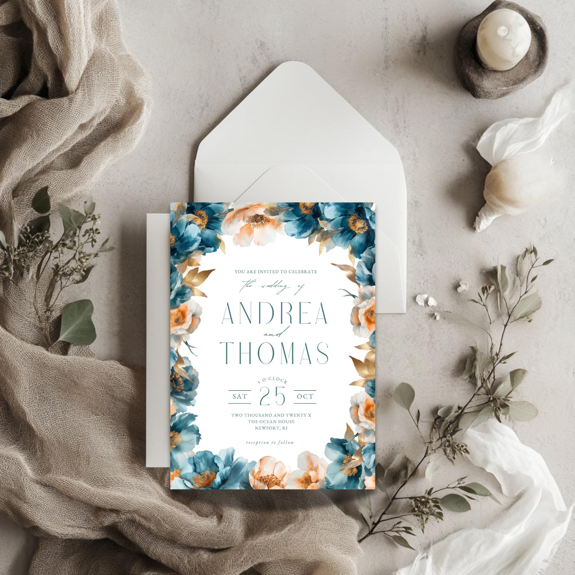 Teal and Peach Floral Wedding Invitation Template: Editable Canva Design (Instant Download)