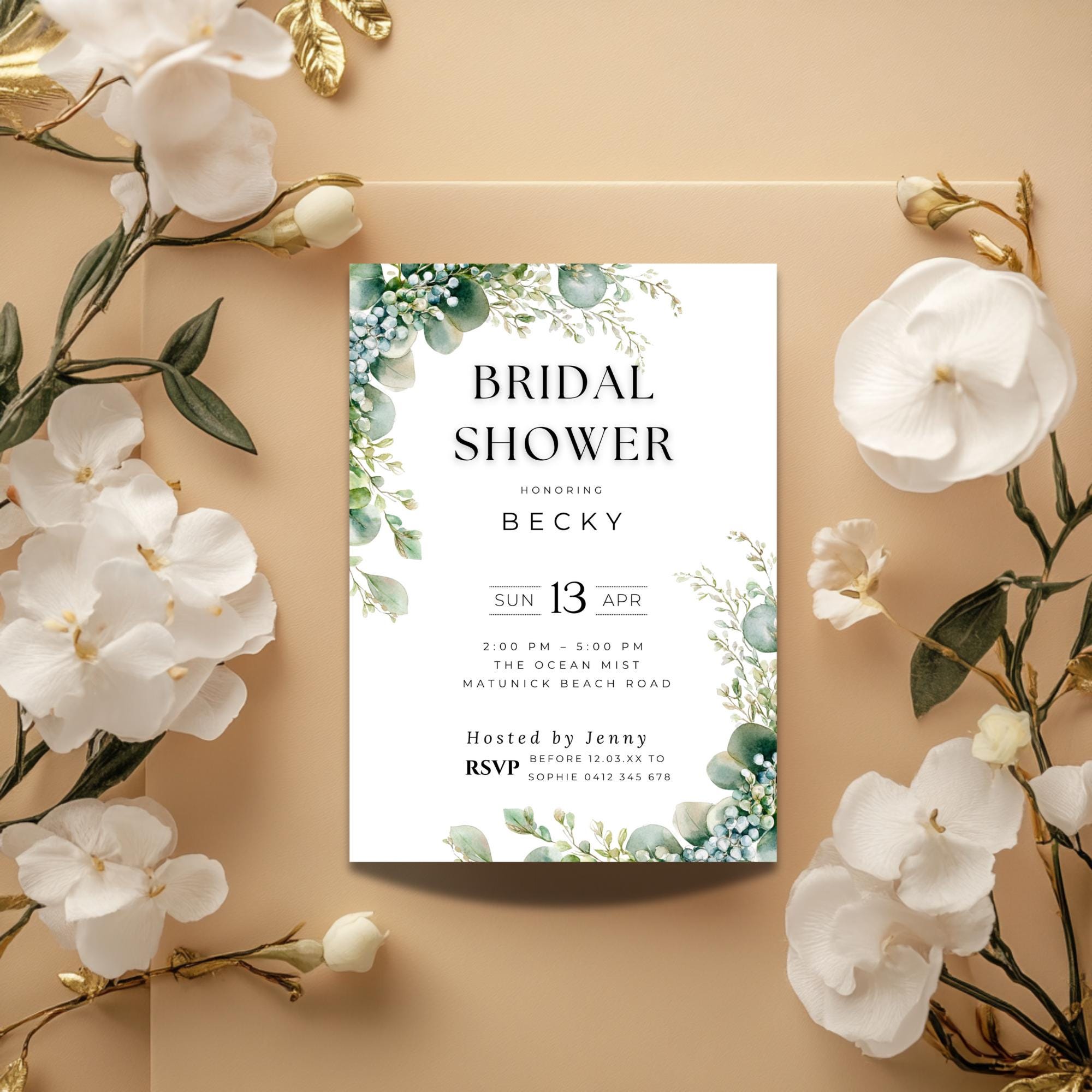 Eucalyptus Bridal Shower Invitation Template: Greenery Canva Invite (Digital Download)