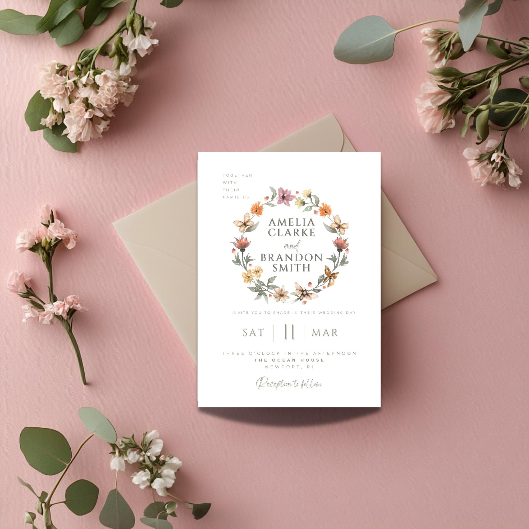 Watercolor Floral Wedding Invitation: Editable Canva Template (Digital Download)