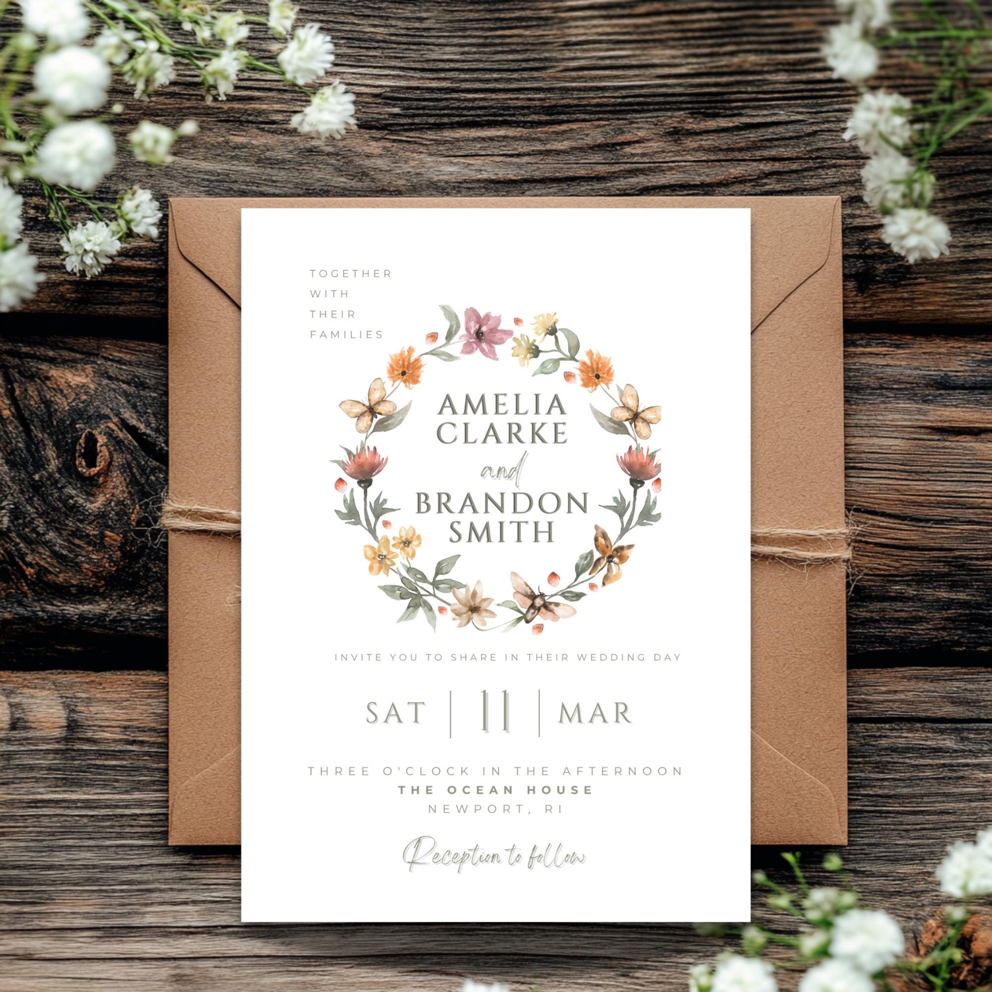 Watercolor Floral Wedding Invitation: Editable Canva Template (Digital Download)