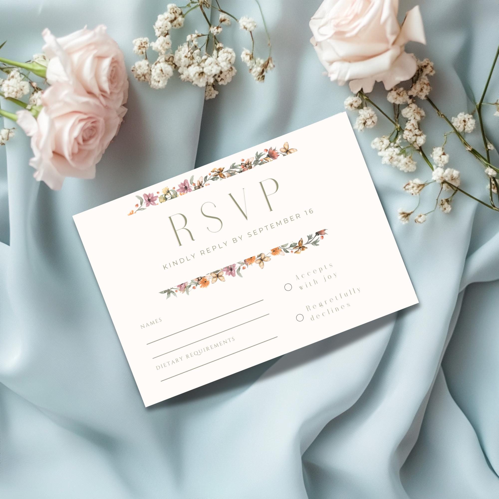 Wildflower Wedding RSVP Card Template - Canva Editable, Instant Download - Fall Wedding Theme