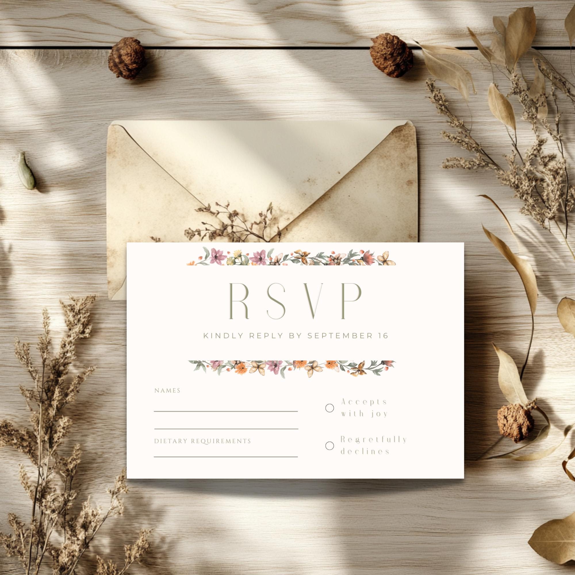 Wildflower Wedding RSVP Card Template - Canva Editable, Instant Download - Fall Wedding Theme