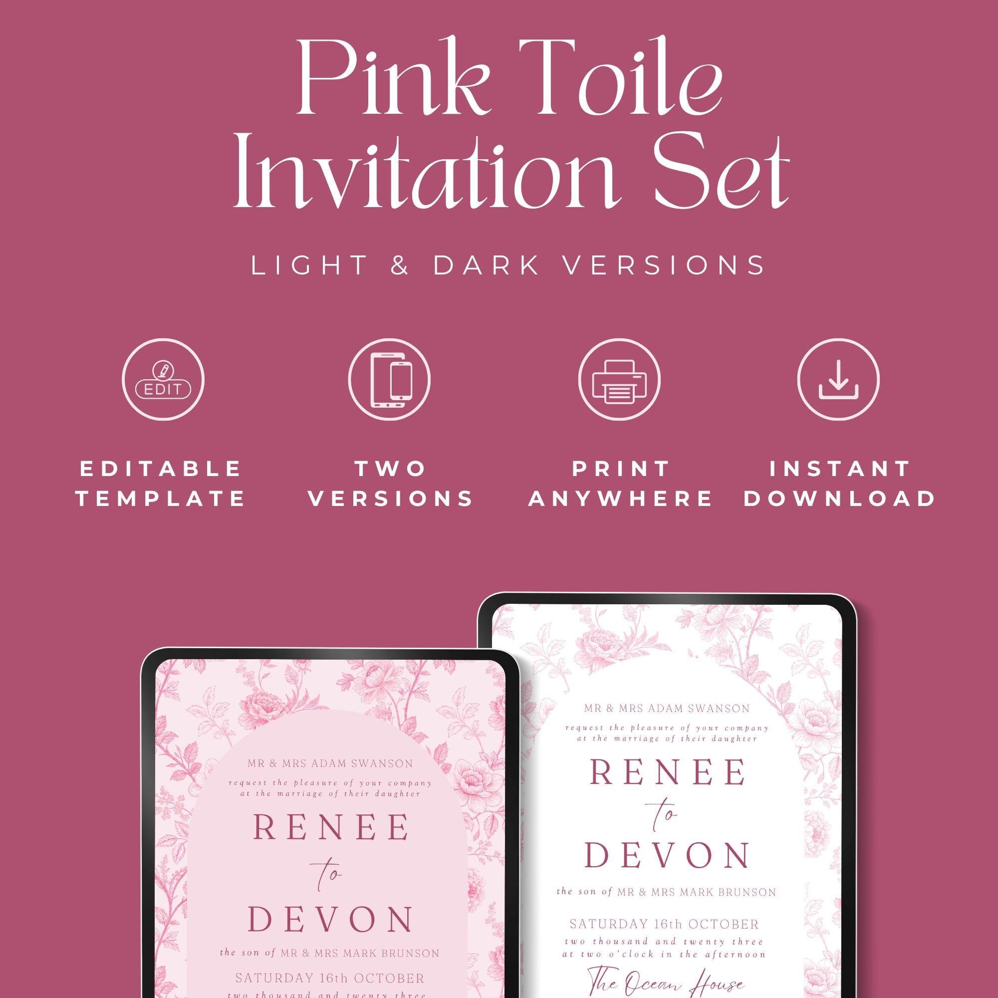 Pink Toile Wedding Invitation Template: Blush & Rose Floral (Canva Editable, Digital Download)