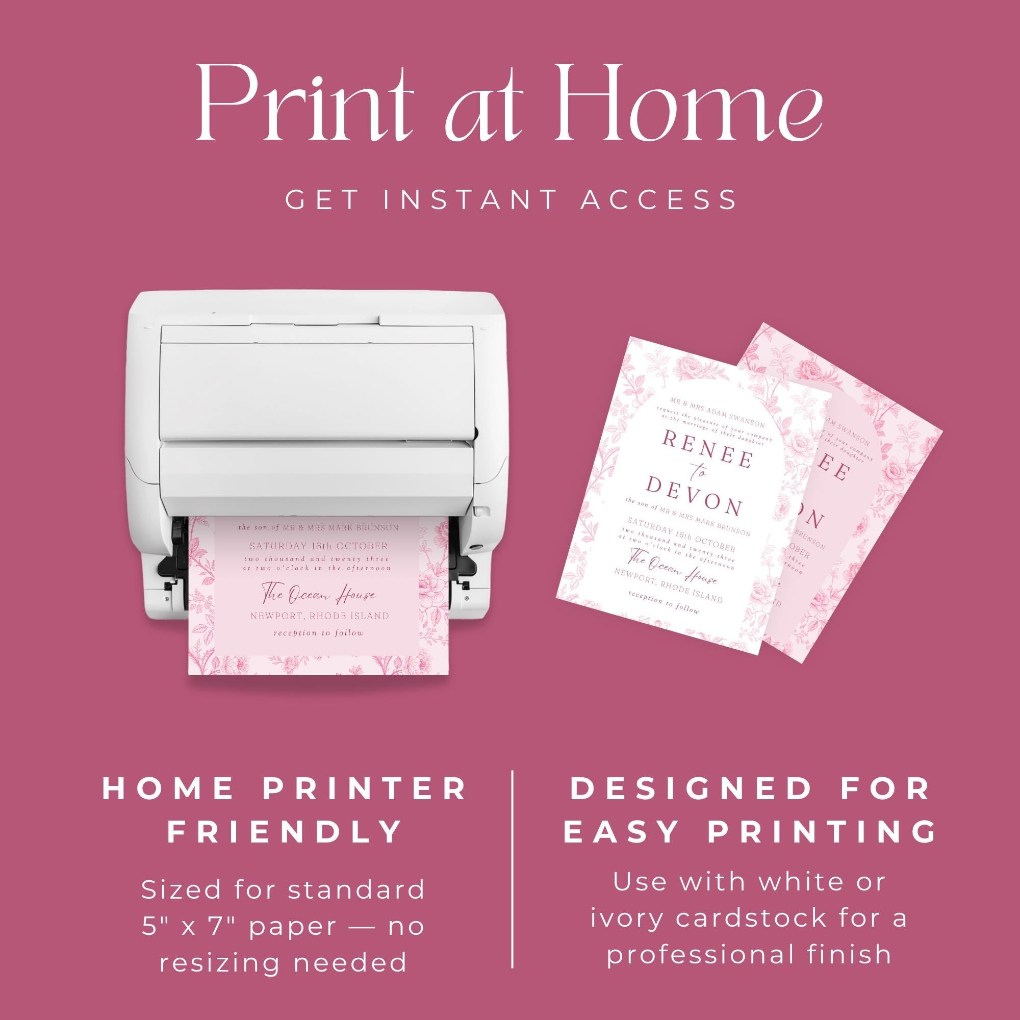 Pink Toile Wedding Invitation Template: Blush & Rose Floral (Canva Editable, Digital Download)