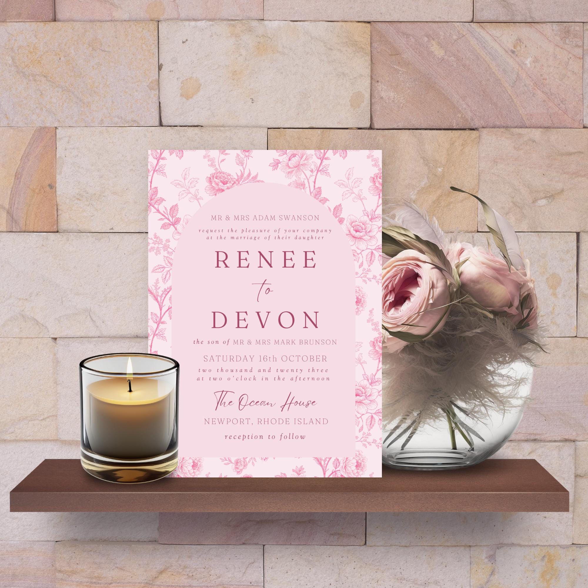Pink Toile Wedding Invitation Template: Blush & Rose Floral (Canva Editable, Digital Download)