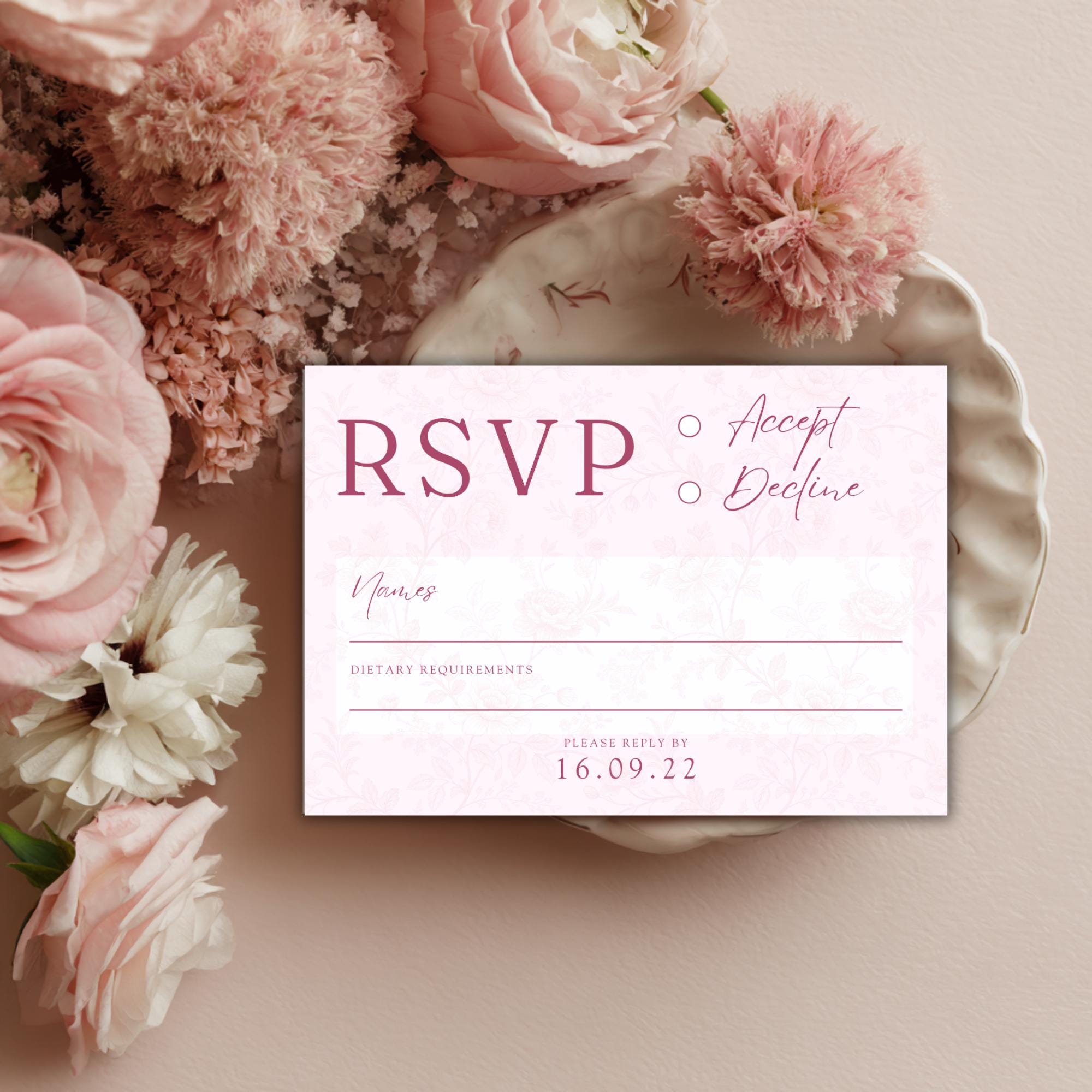 Pink Toile Wedding RSVP Card Set: Blush & Rose (Digital Download, Editable Template 5x3.5")