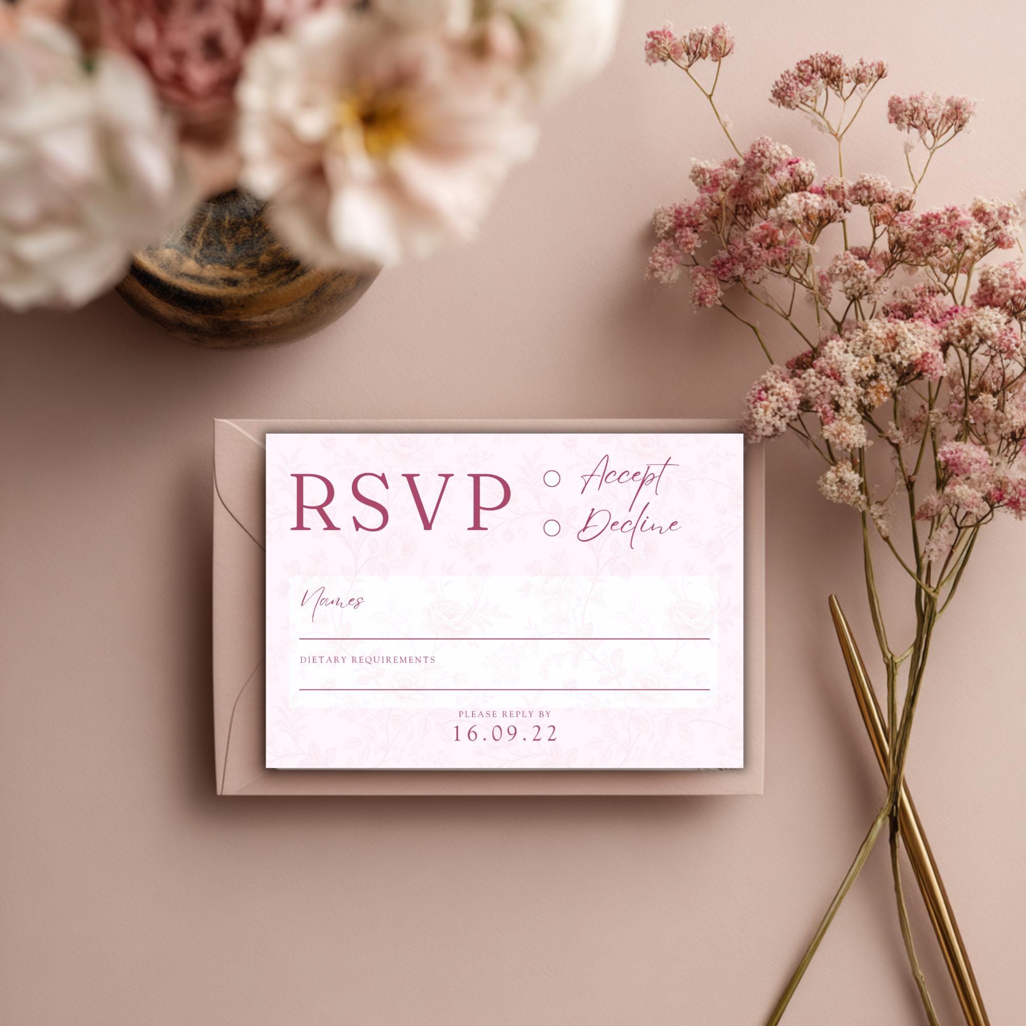 Pink Toile Wedding RSVP Card Set: Blush & Rose (Digital Download, Editable Template 5x3.5")