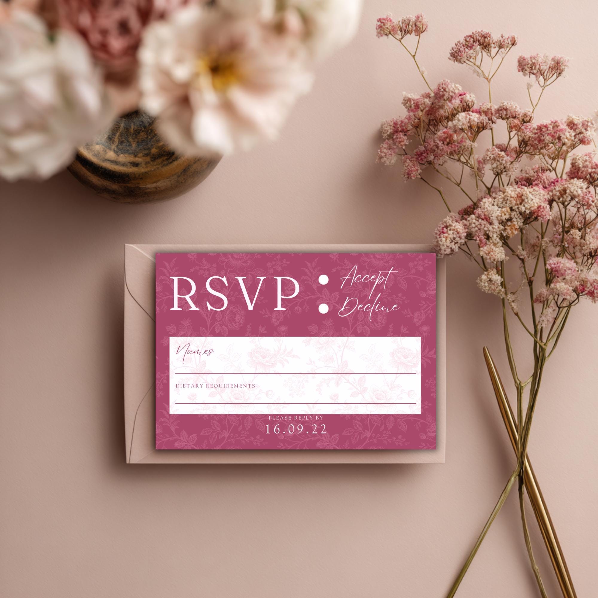 Pink Toile Wedding RSVP Card Set: Blush & Rose (Digital Download, Editable Template 5x3.5")