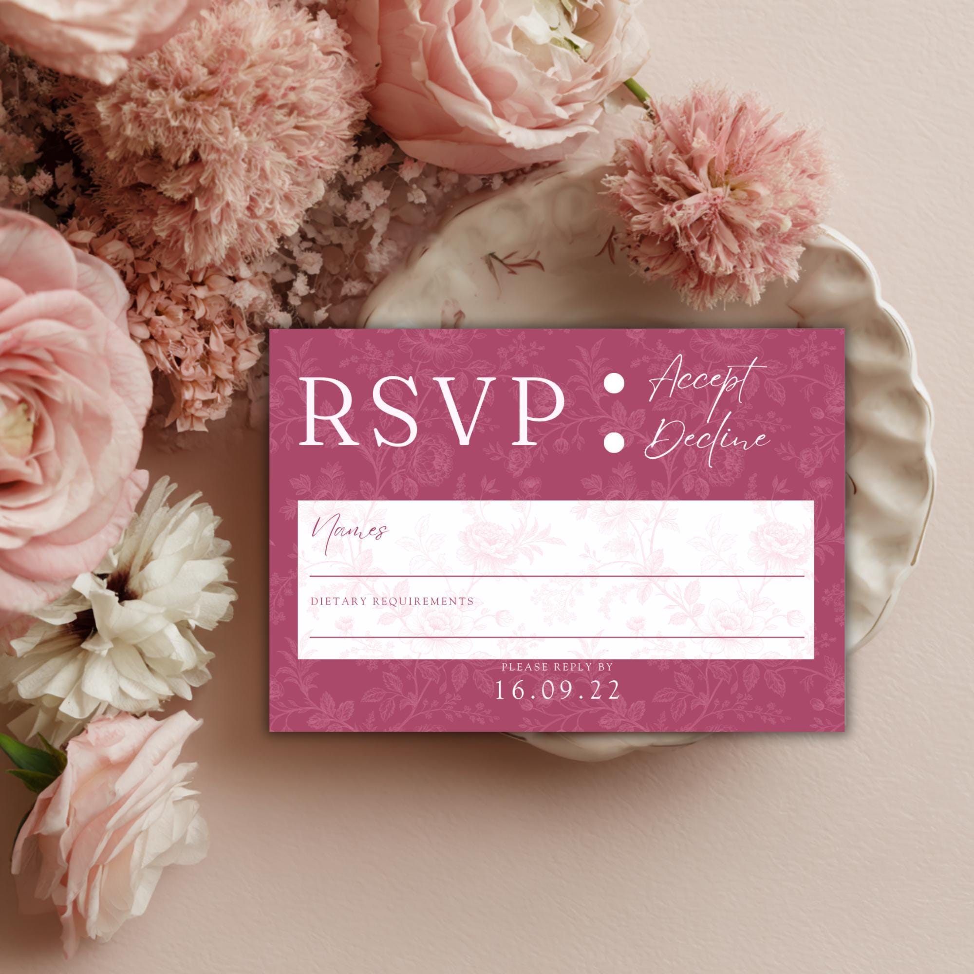 Pink Toile Wedding RSVP Card Set: Blush & Rose (Digital Download, Editable Template 5x3.5")