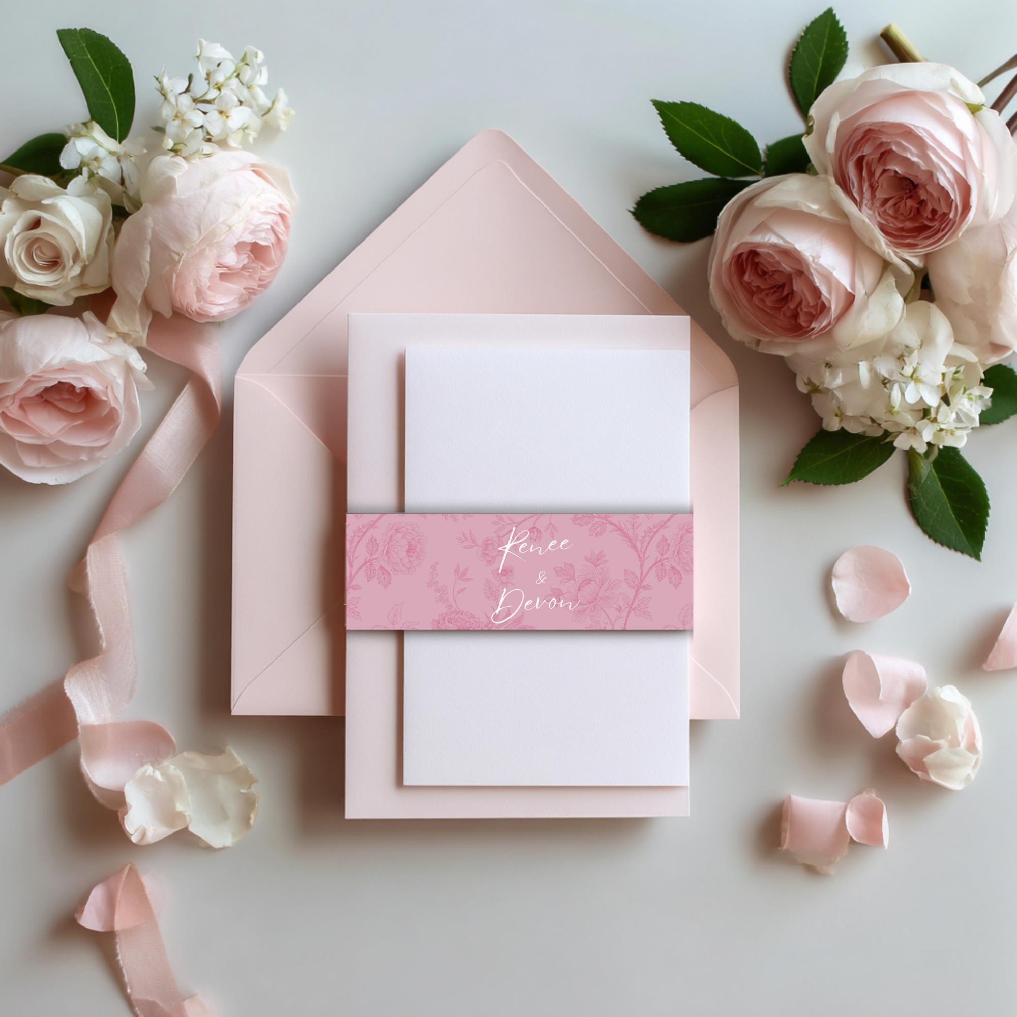 Pink Toile Wedding Belly Band Template: Editable Floral Invitation Wrap (Digital Download)