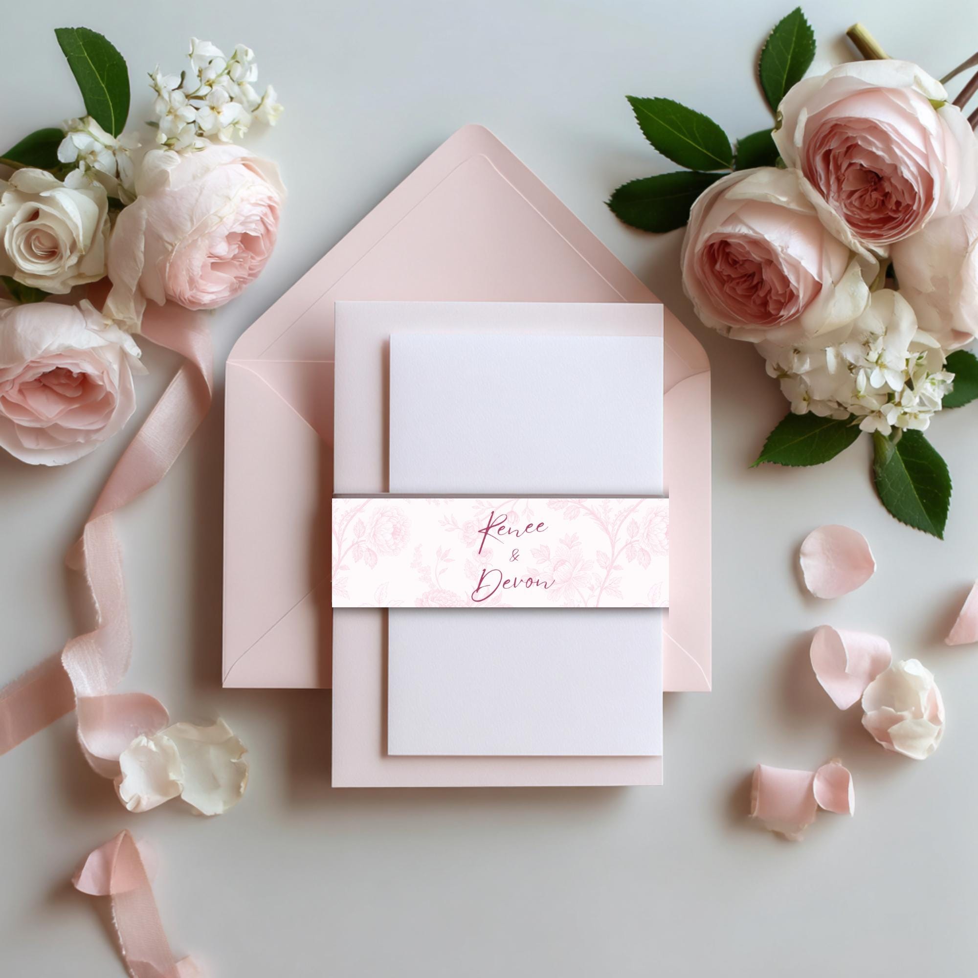 Pink Toile Wedding Belly Band Template: Editable Floral Invitation Wrap (Digital Download)