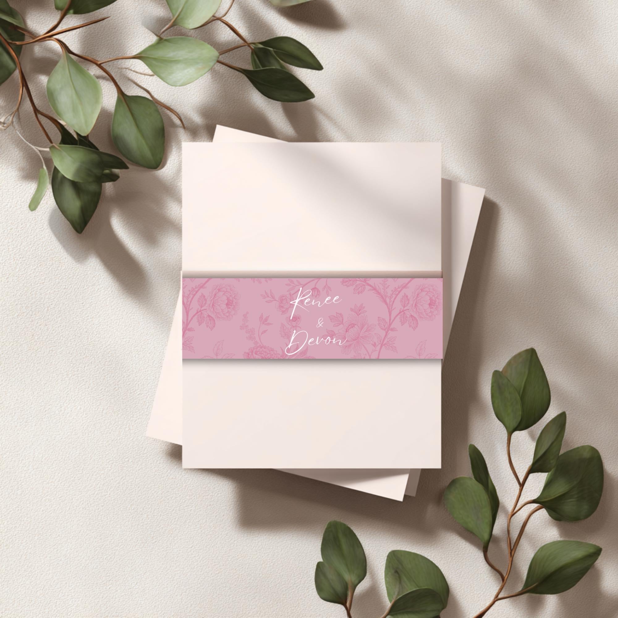 Pink Toile Wedding Belly Band Template: Editable Floral Invitation Wrap (Digital Download)