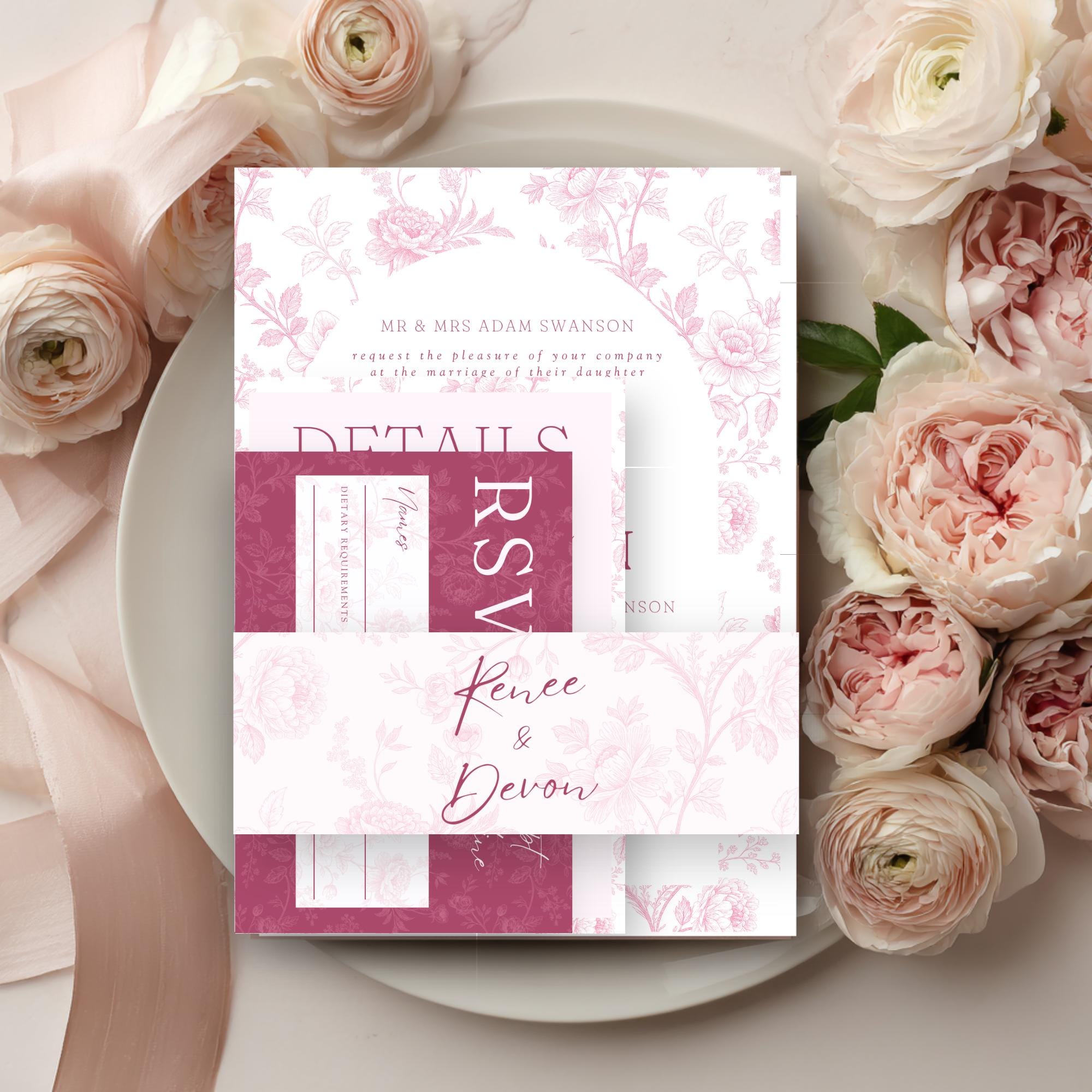 Elegant Floral Wedding Invitation Set: Mauve & Blush Pink (Editable PDF Template