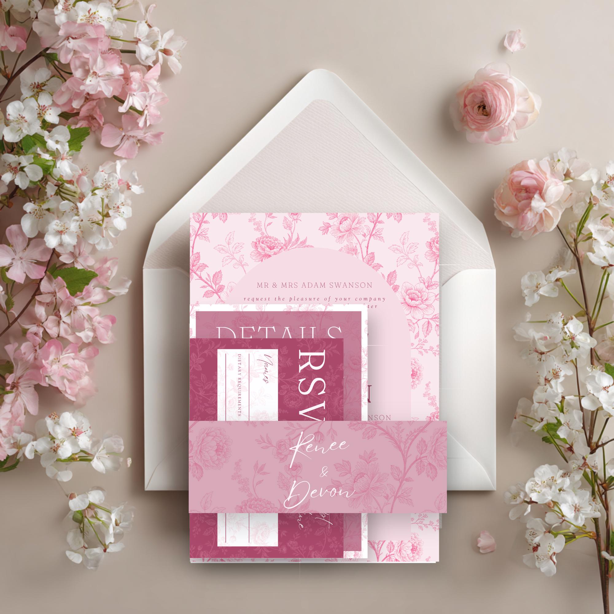 Elegant Floral Wedding Invitation Set: Mauve & Blush Pink (Editable PDF Template