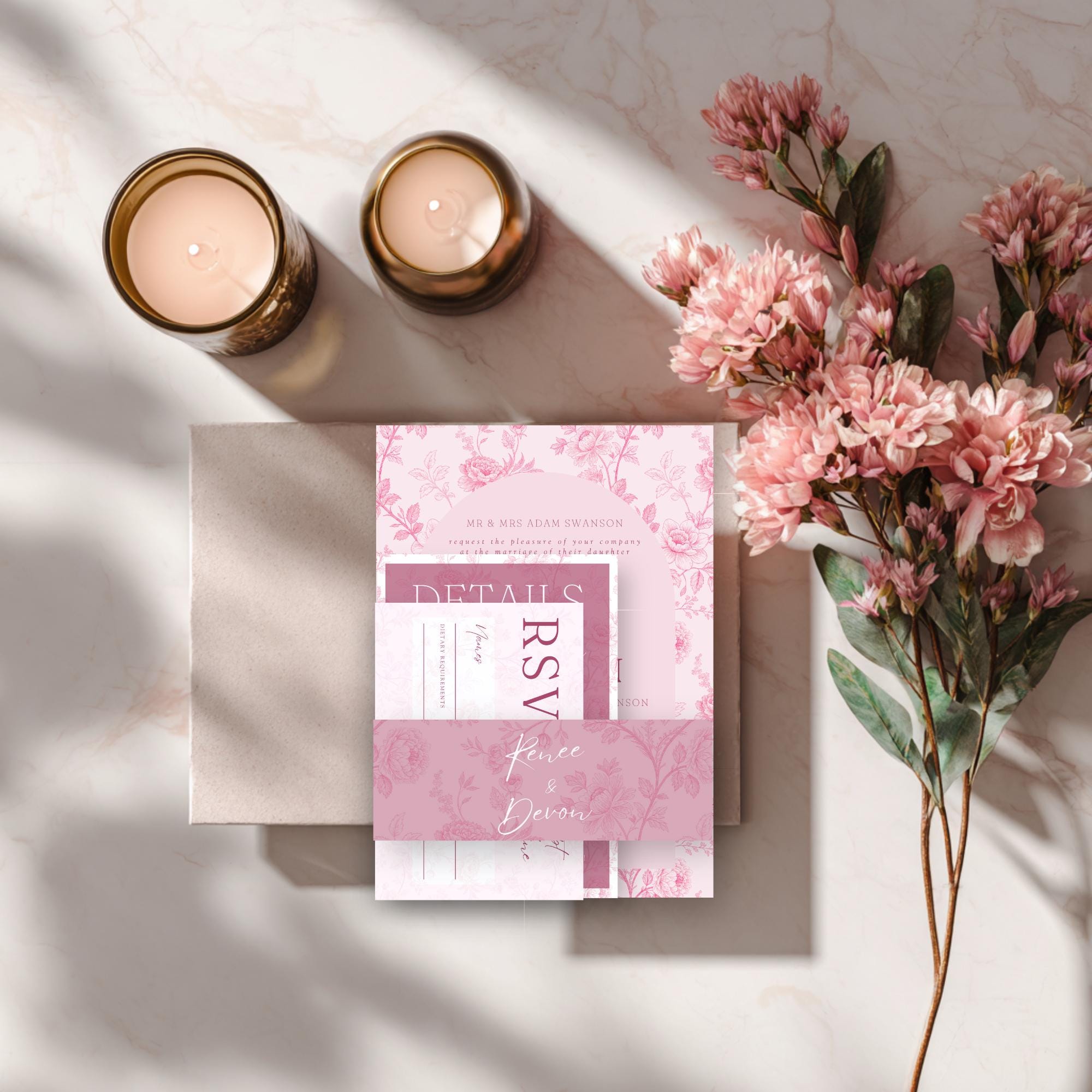 Elegant Floral Wedding Invitation Set: Mauve & Blush Pink (Editable PDF Template