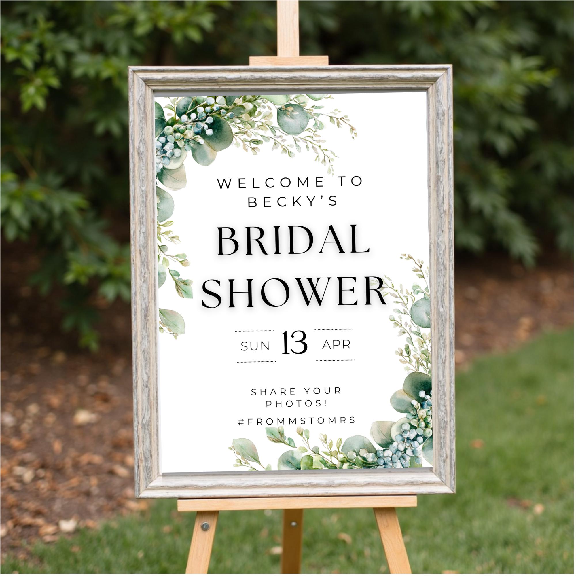Botanical Bridal Shower Welcome Sign: Watercolor Greenery, Editable Canva Template (Digital Download)