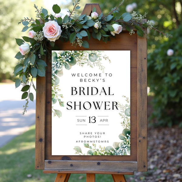 Botanical Bridal Shower Welcome Sign: Watercolor Greenery, Editable Canva Template (Digital Download)
