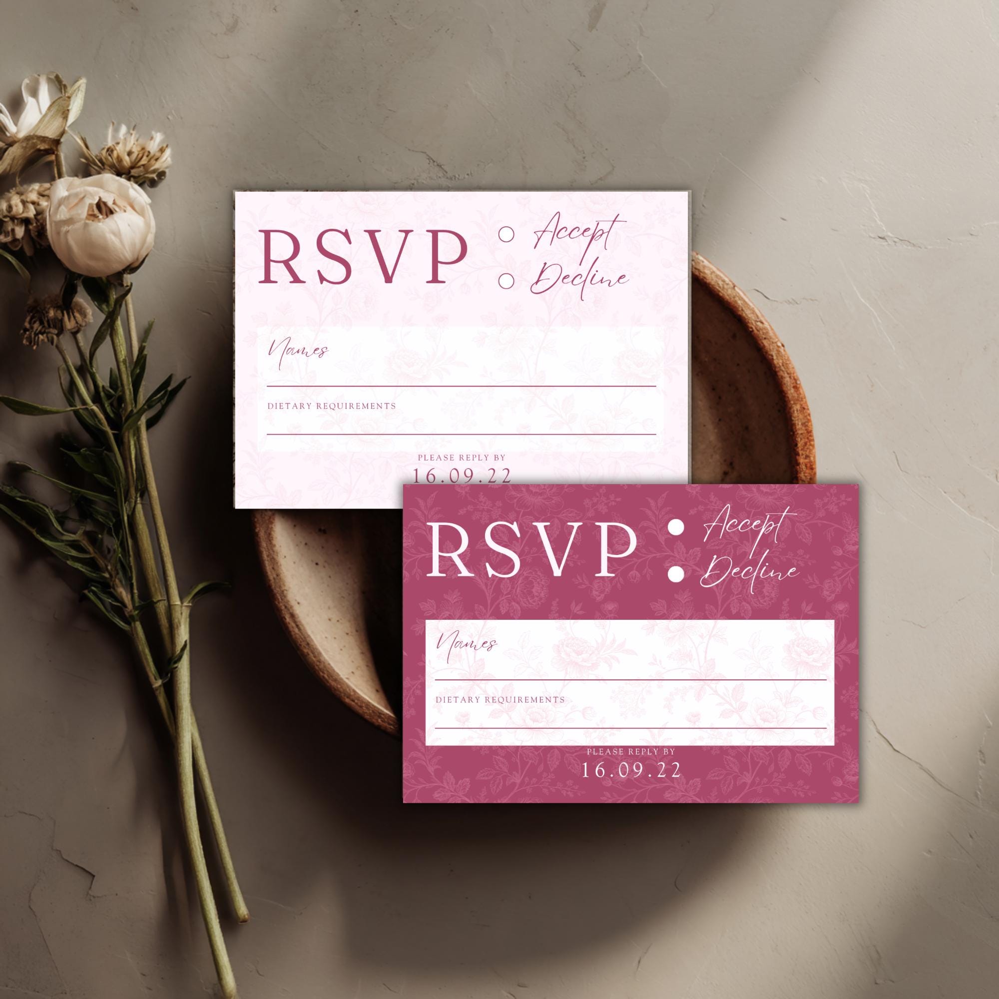 Pink Toile Wedding RSVP Card Set: Blush & Rose (Digital Download, Editable Template 5x3.5")