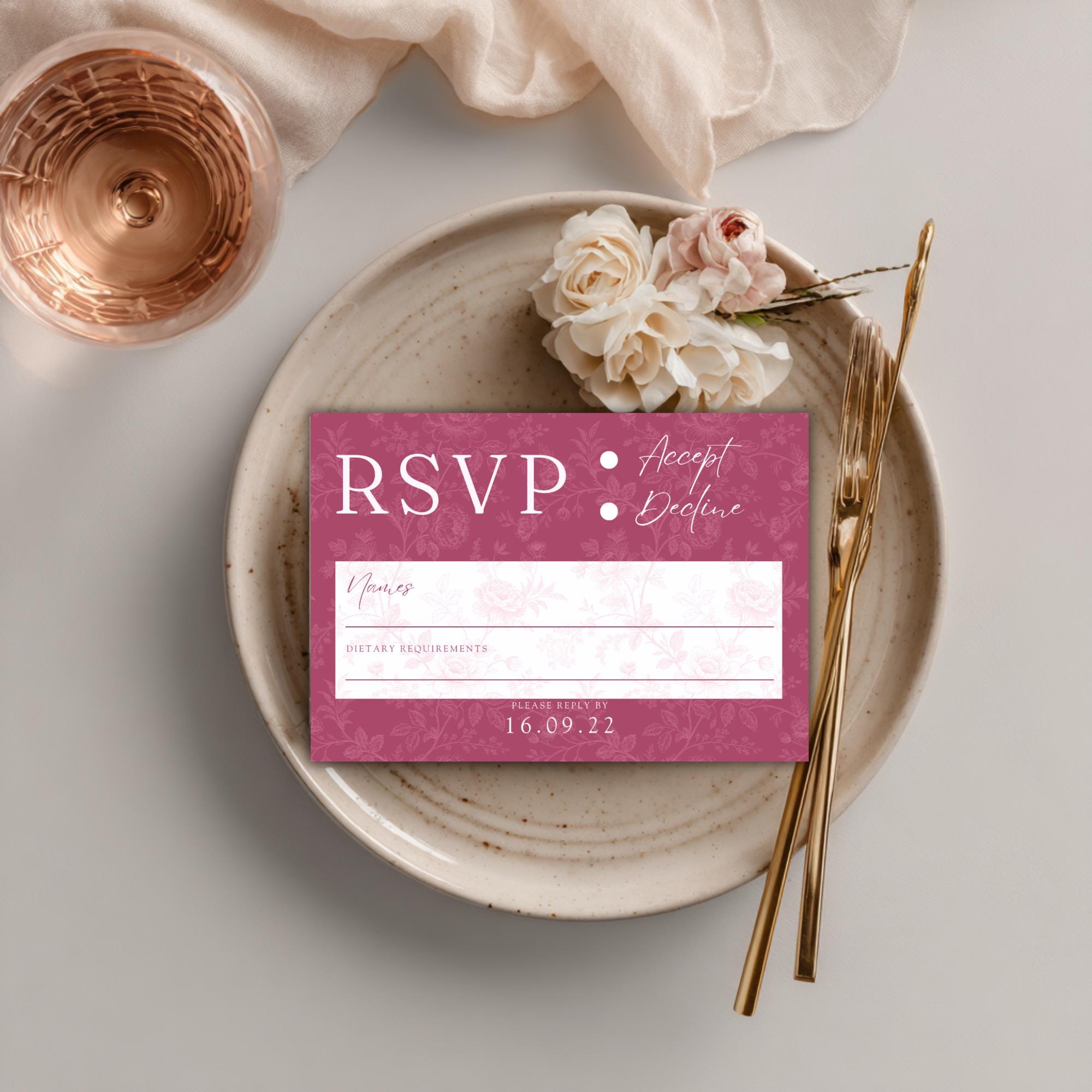Pink Toile Wedding RSVP Card Set: Blush & Rose (Digital Download, Editable Template 5x3.5")