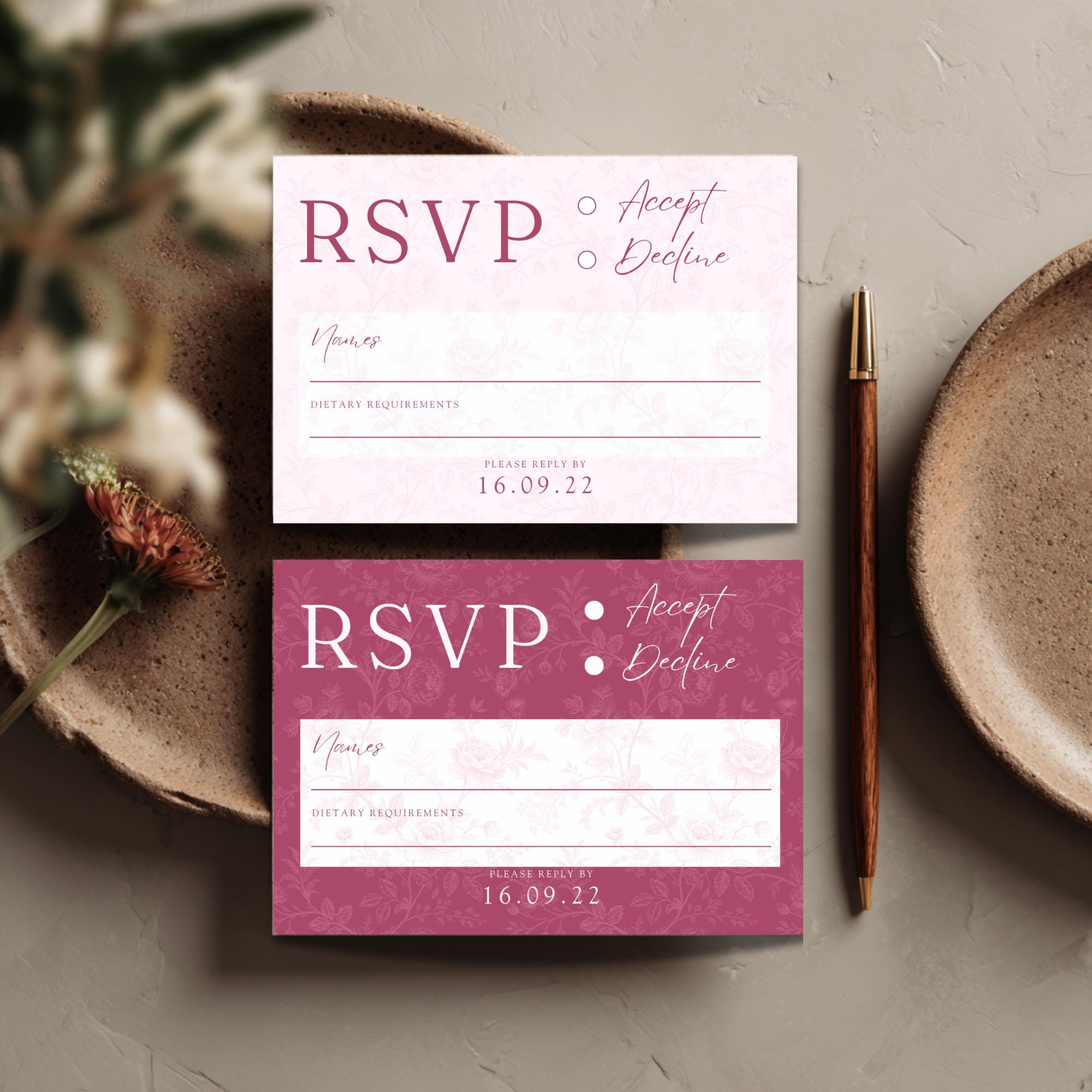 Pink Toile Wedding RSVP Card Set: Blush & Rose (Digital Download, Editable Template 5x3.5")