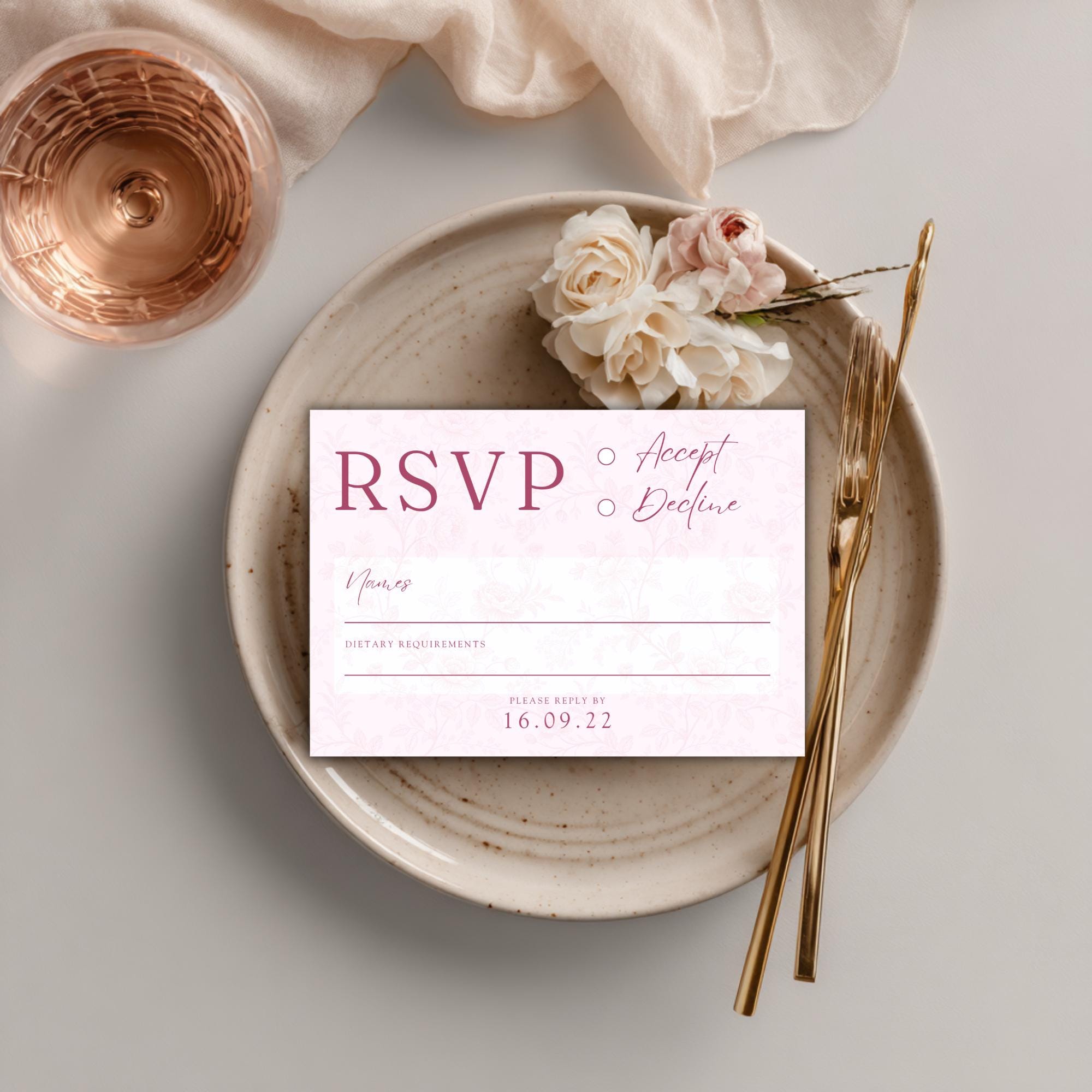 Pink Toile Wedding RSVP Card Set: Blush & Rose (Digital Download, Editable Template 5x3.5")