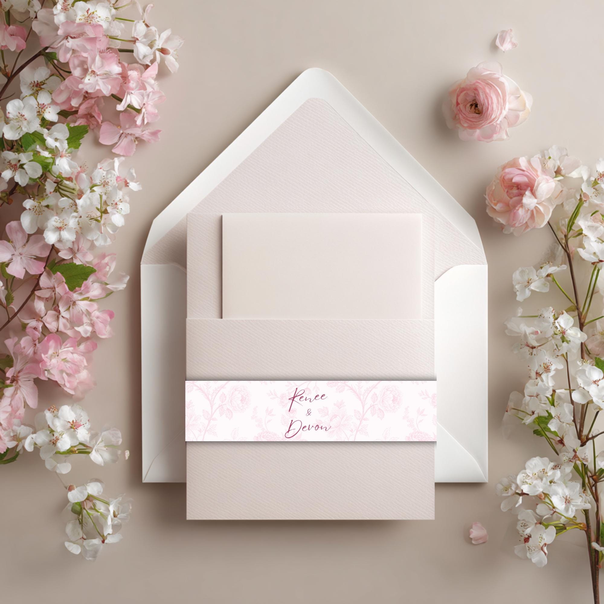 Pink Toile Wedding Belly Band Template: Editable Floral Invitation Wrap (Digital Download)