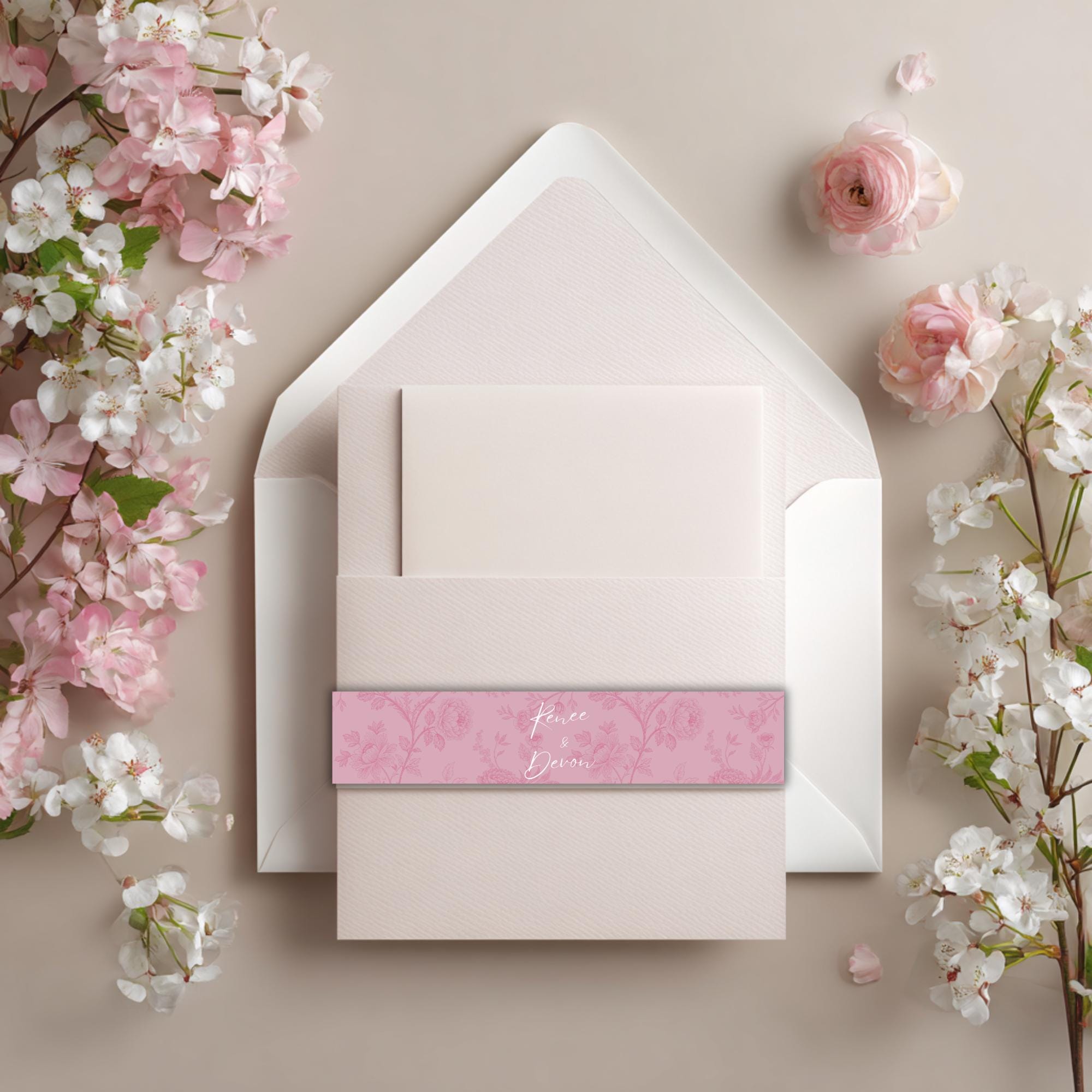 Pink Toile Wedding Belly Band Template: Editable Floral Invitation Wrap (Digital Download)