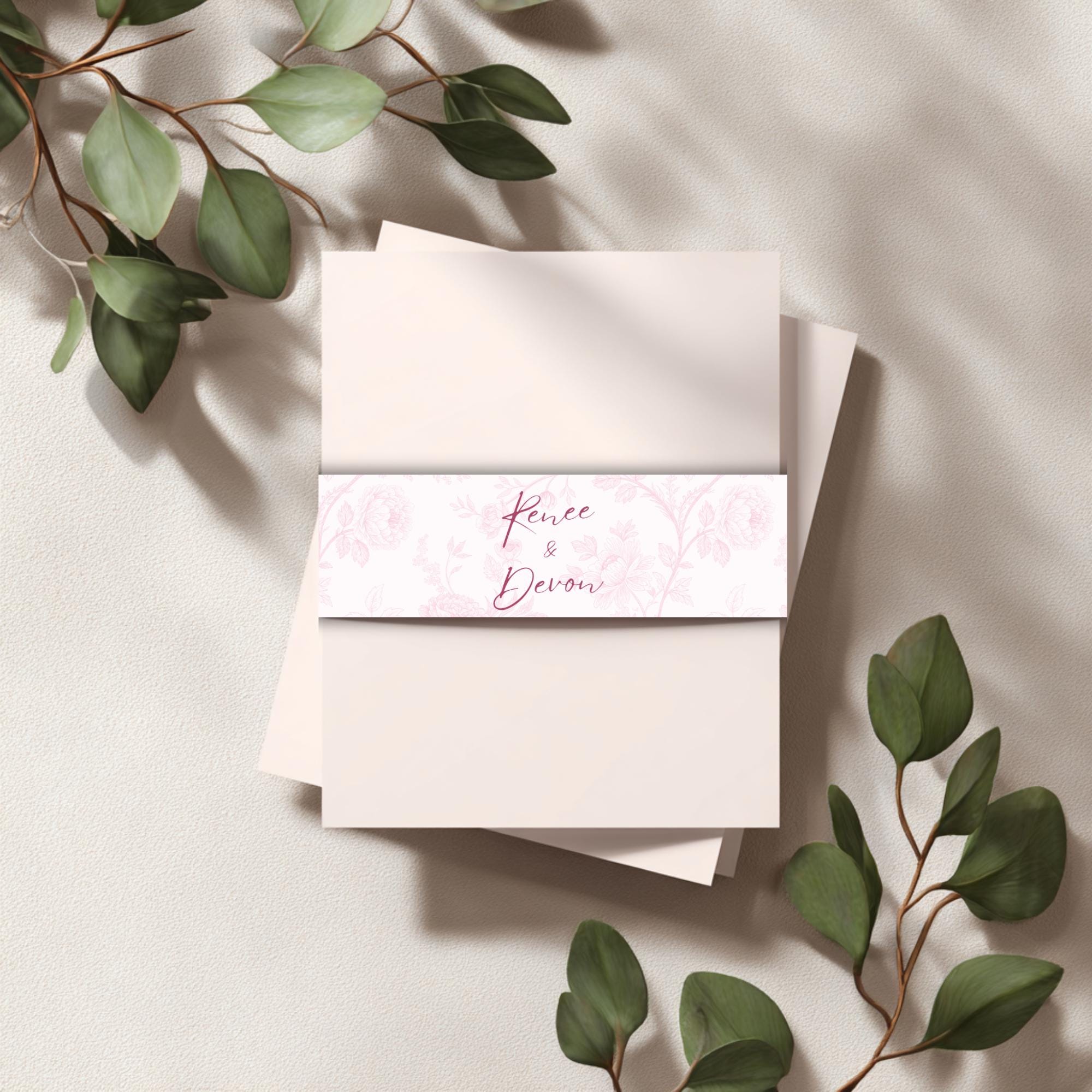 Pink Toile Wedding Belly Band Template: Editable Floral Invitation Wrap (Digital Download)