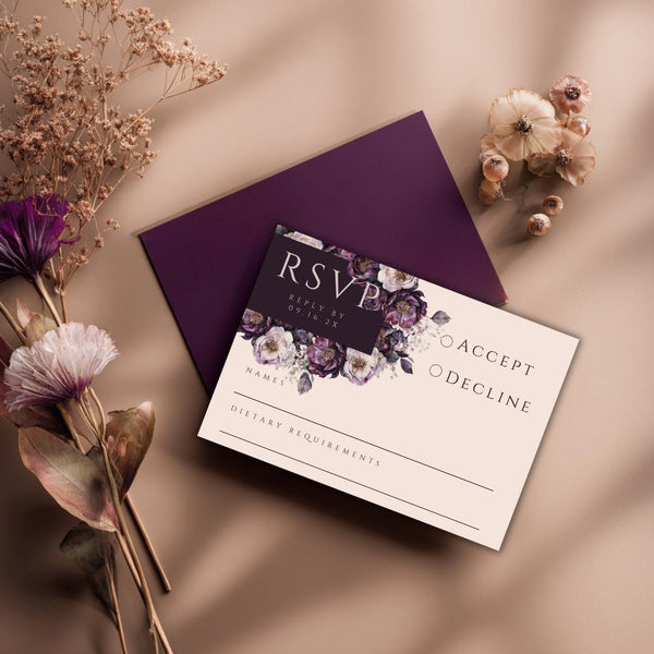 Moody Purple Floral Wedding RSVP Card Template: Elegant Plum & Blush (Digital Download)