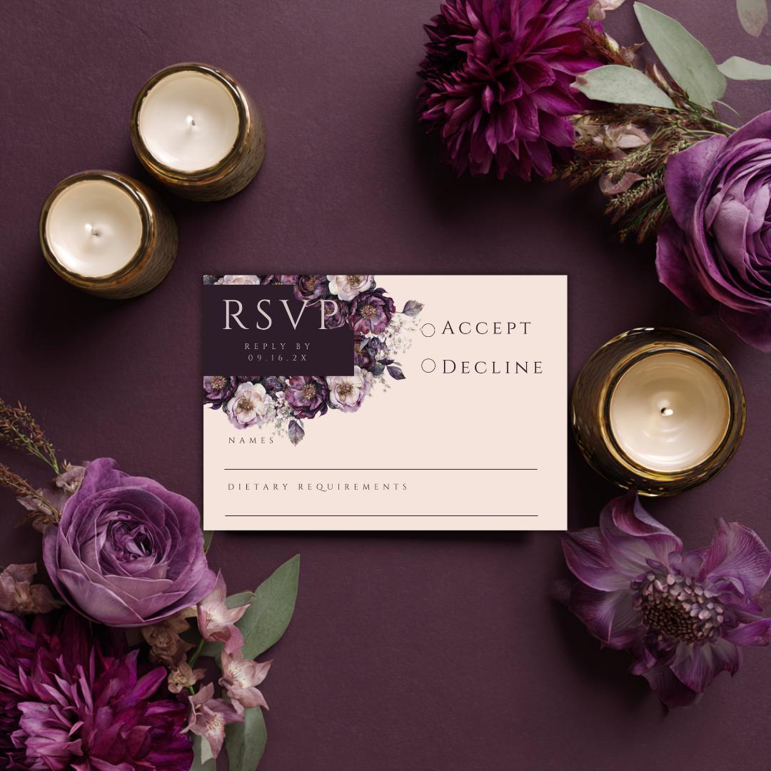 Moody Purple Floral Wedding RSVP Card Template: Elegant Plum & Blush (Digital Download)