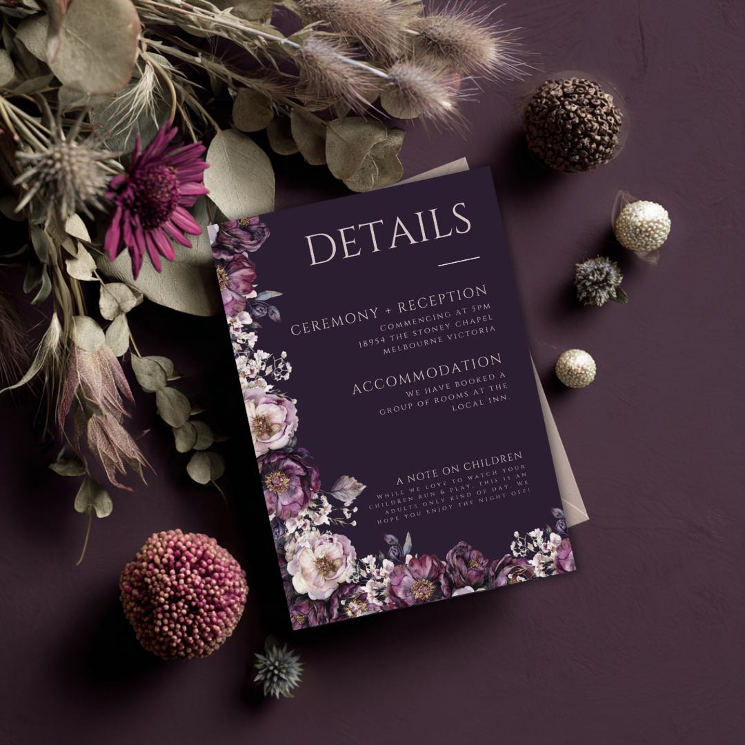 Moody Purple Wedding Details Card Template: Plum Floral, Editable Canva (PDF Download)
